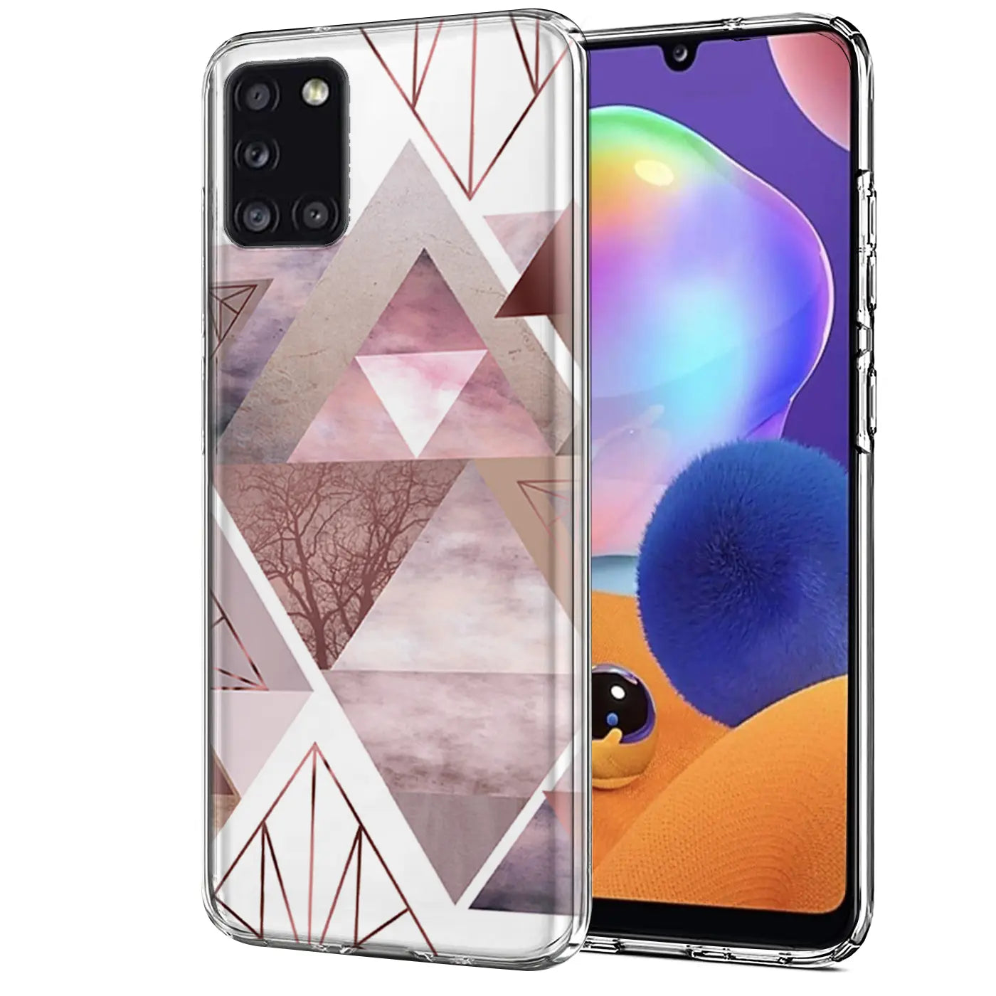 Samsung Galaxy A31 mit transparenter TPU-Hülle, geometrisches Muster, rosa/grau