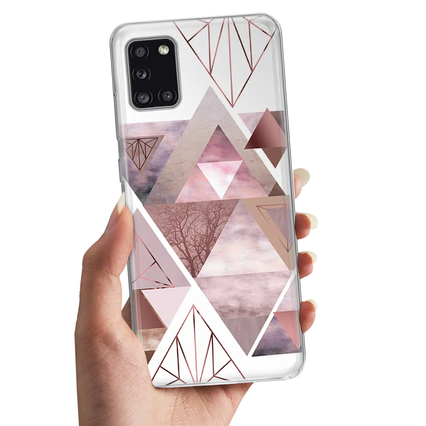 Samsung Galaxy A31 Hülle, transparentes TPU, geometrisches Muster, rosa, von vorne gehalten