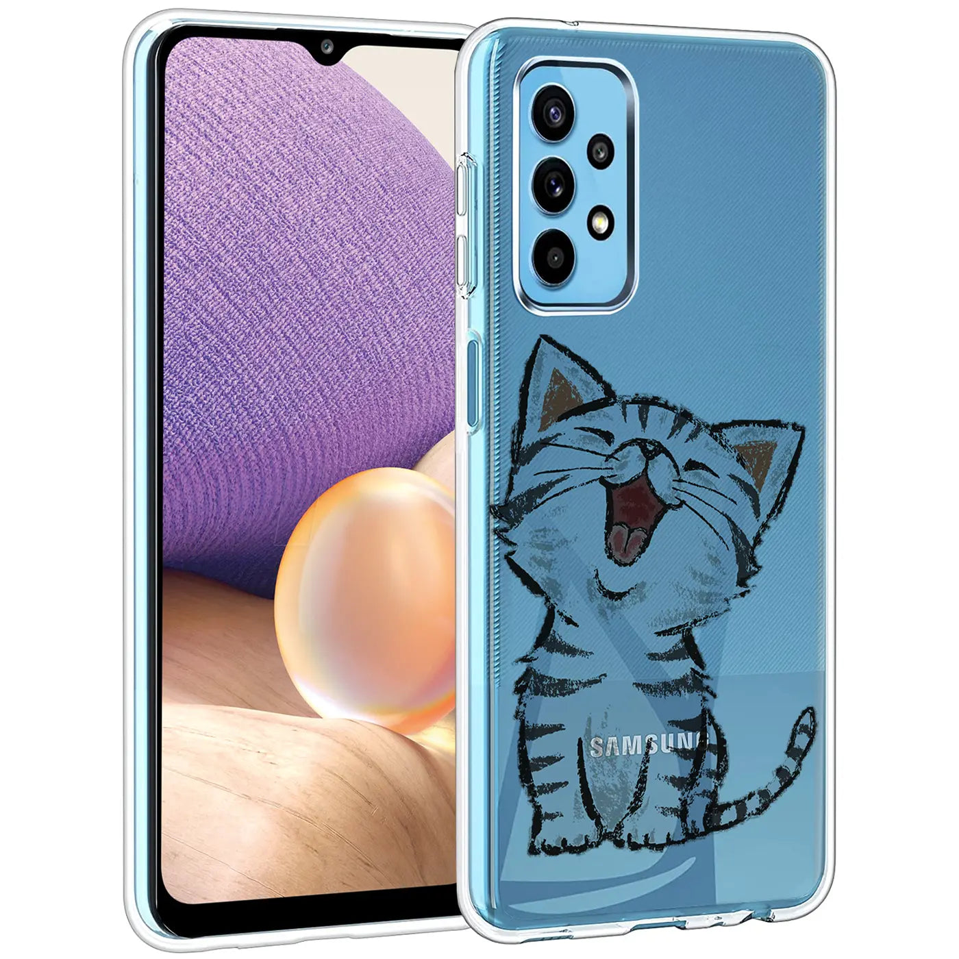 Samsung Galaxy A32 5G Hülle aus transparentem TPU mit Katzenmotiv, Vorderansicht.