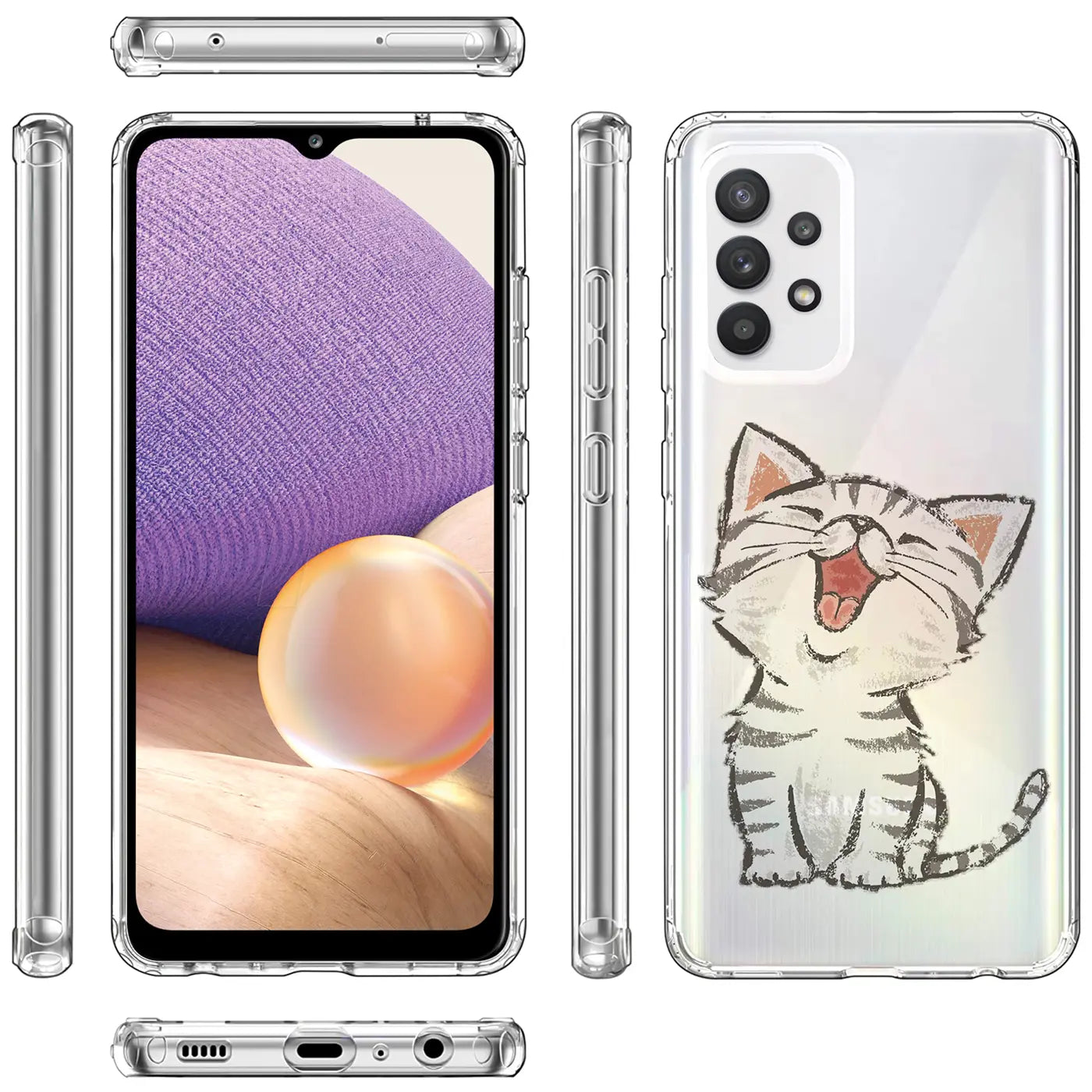 Transparente TPU-Hülle mit Katzenmotiv für Samsung Galaxy A32 5G, verschiedene Ansichten.
