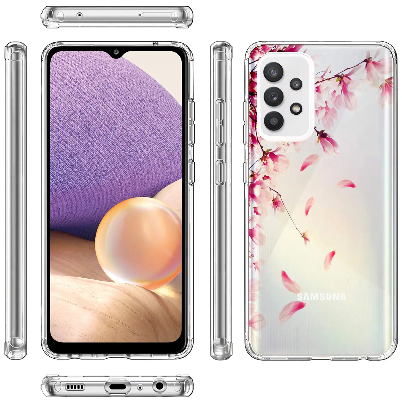 Samsung Galaxy A32 5G Hülle, transparentes TPU, Blütenmotiv, verschiedene Ansichten