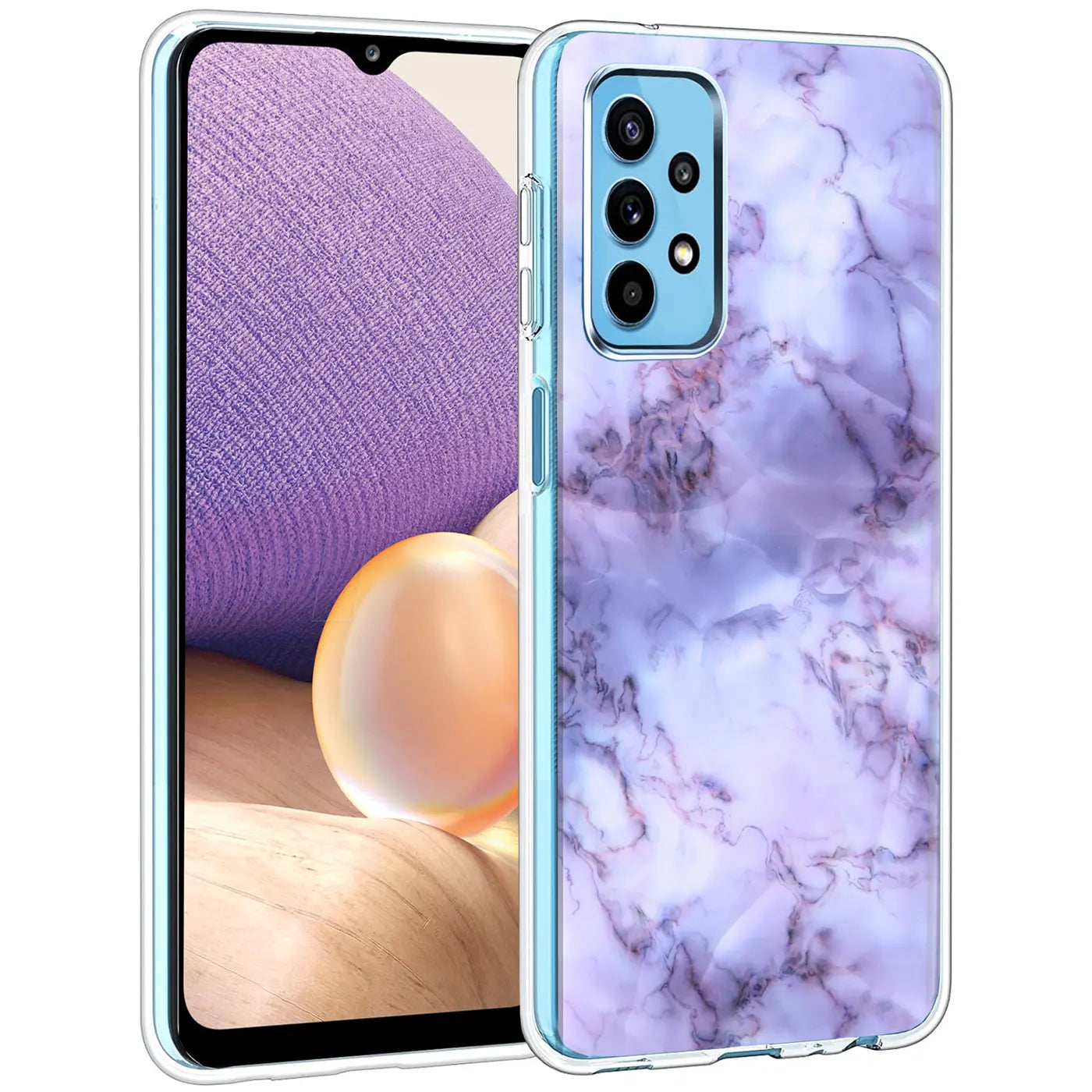 Samsung Galaxy A32 5G mit lila Marmor-TPU-Hülle, von vorne schräg gezeigt.