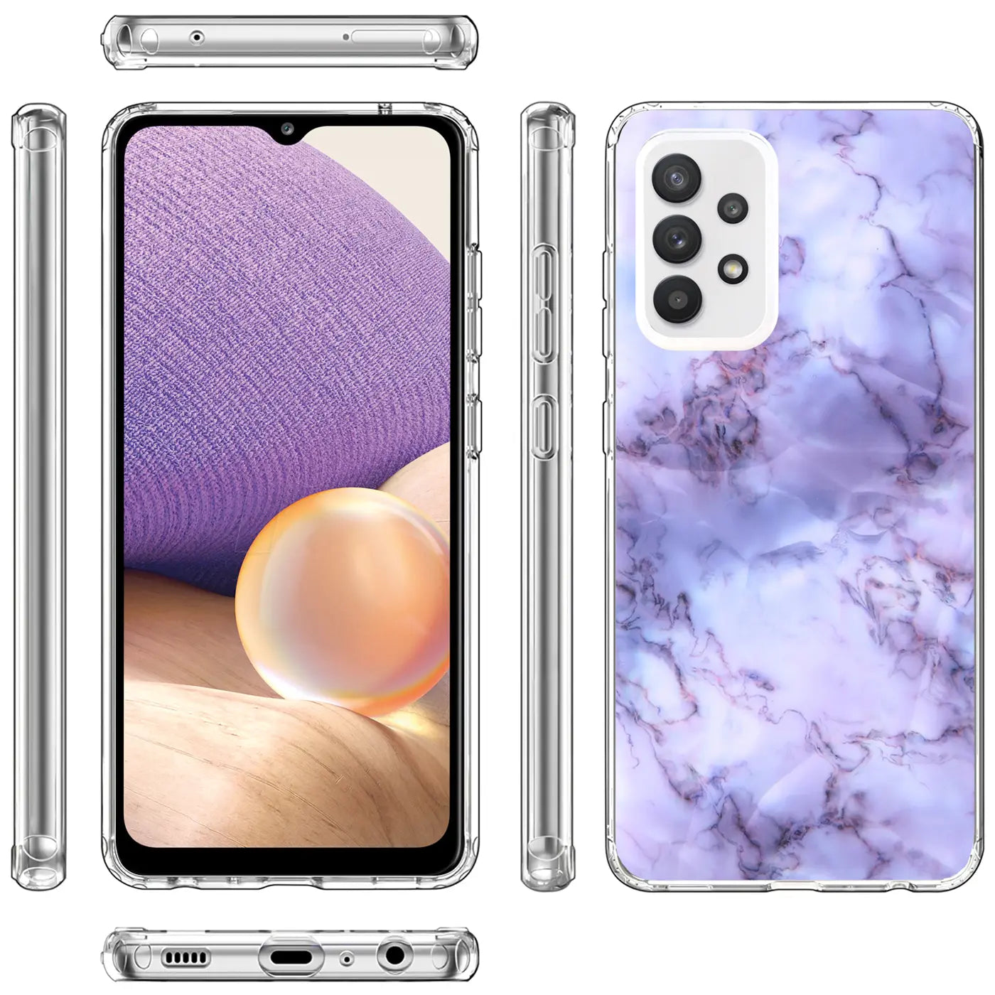 Samsung Galaxy A32 5G Hülle, TPU, lila Marmor-Muster, Vorder-, Seiten- und Rückansicht.