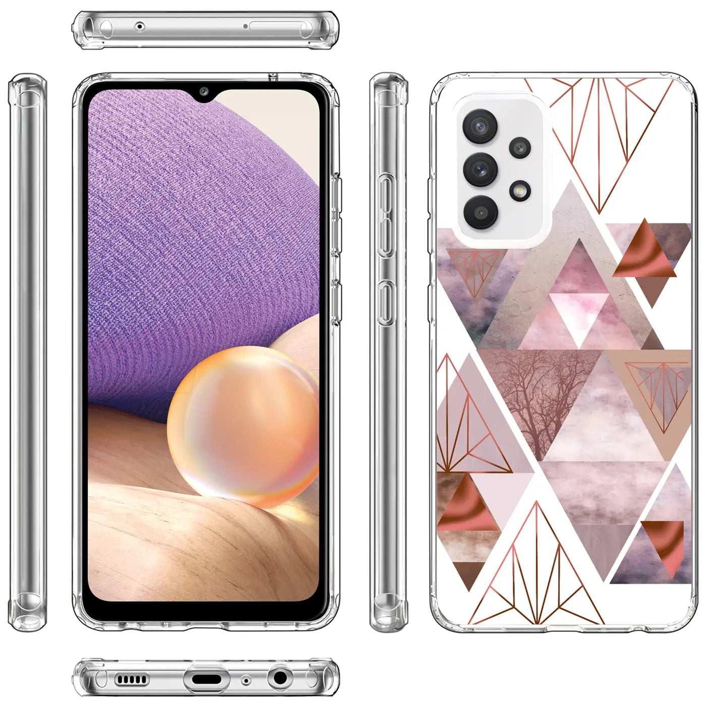 Samsung Galaxy A32 5G Hülle, transparentes TPU, geometrisches Muster, Vorder-/Seiten-/Rückansicht