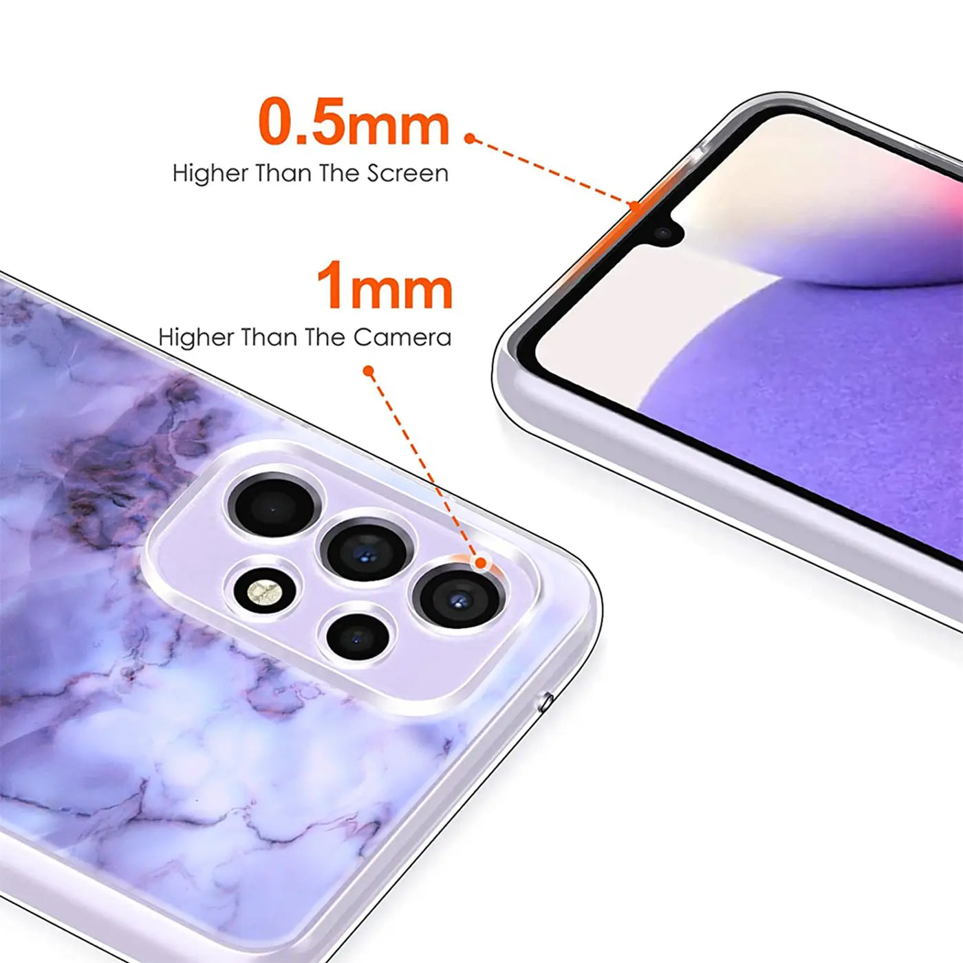 Lila Marmor TPU Hülle auf Samsung Galaxy A33 5G, Nahaufnahme Rückseite/Seite.