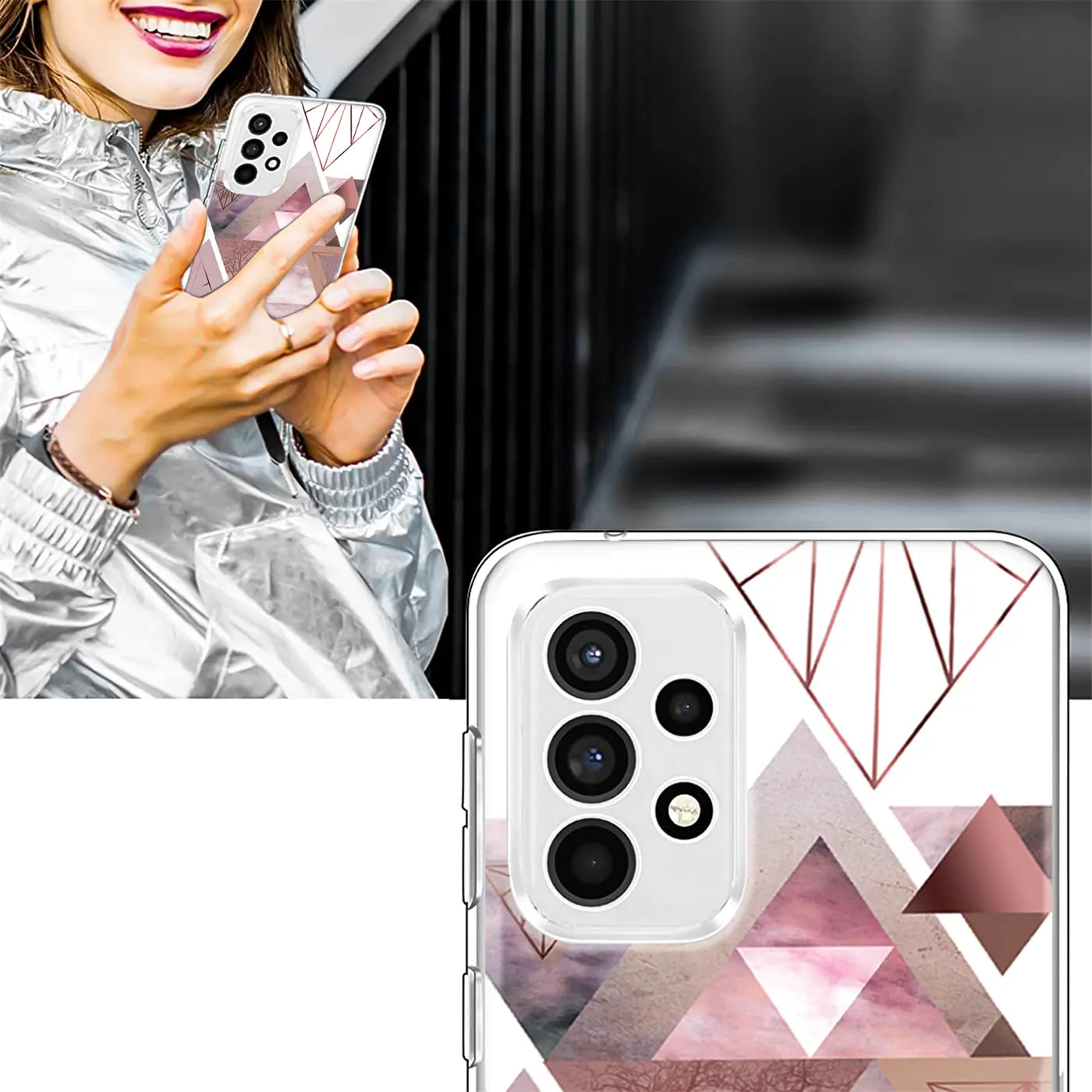 TPU Hülle mit geometrischem Motiv in Rosa/Grau für Samsung Galaxy A33 5G, Nahaufnahme