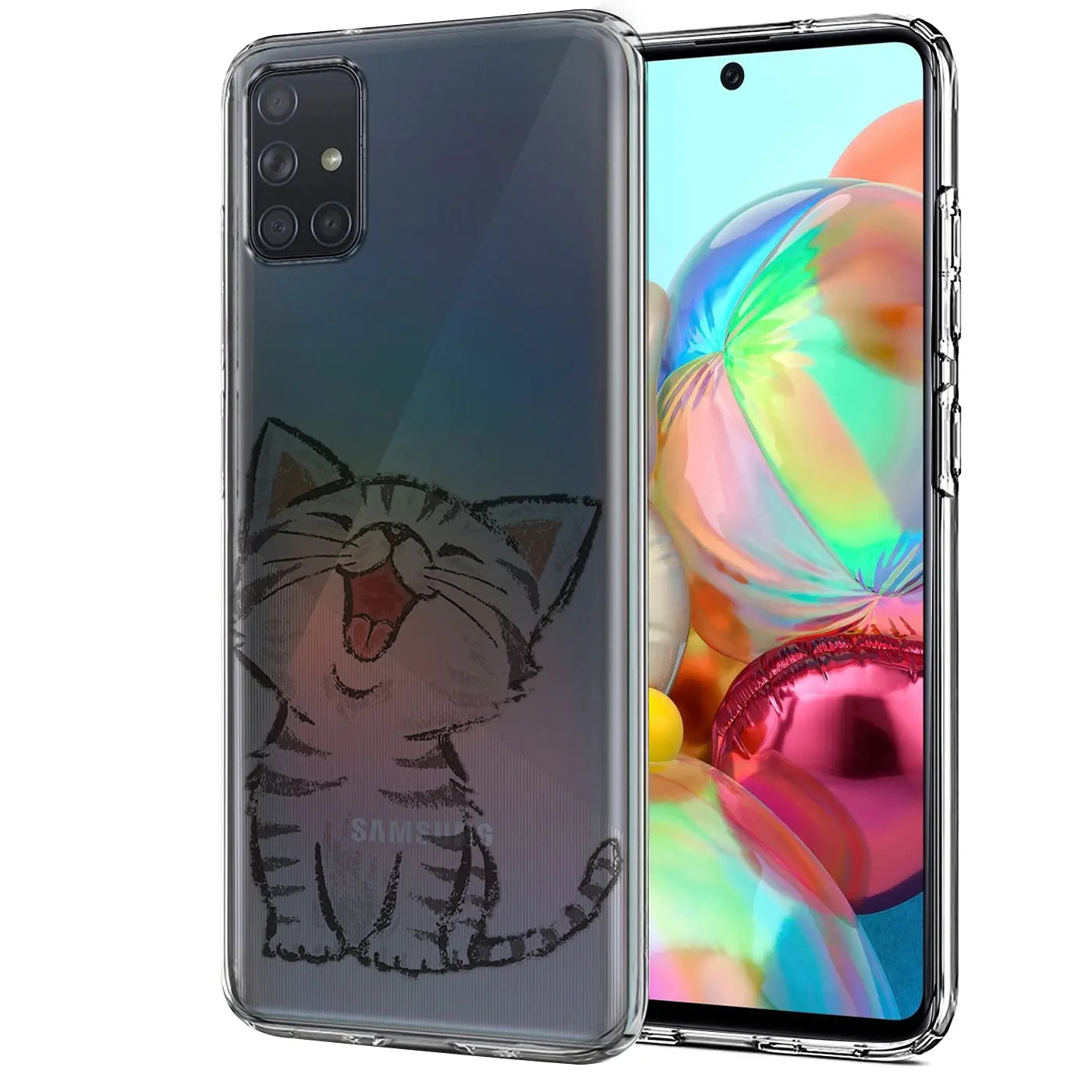 Transparente TPU-Hülle mit Katzenmotiv für Samsung Galaxy A41, Vorder-/Seitenansicht.