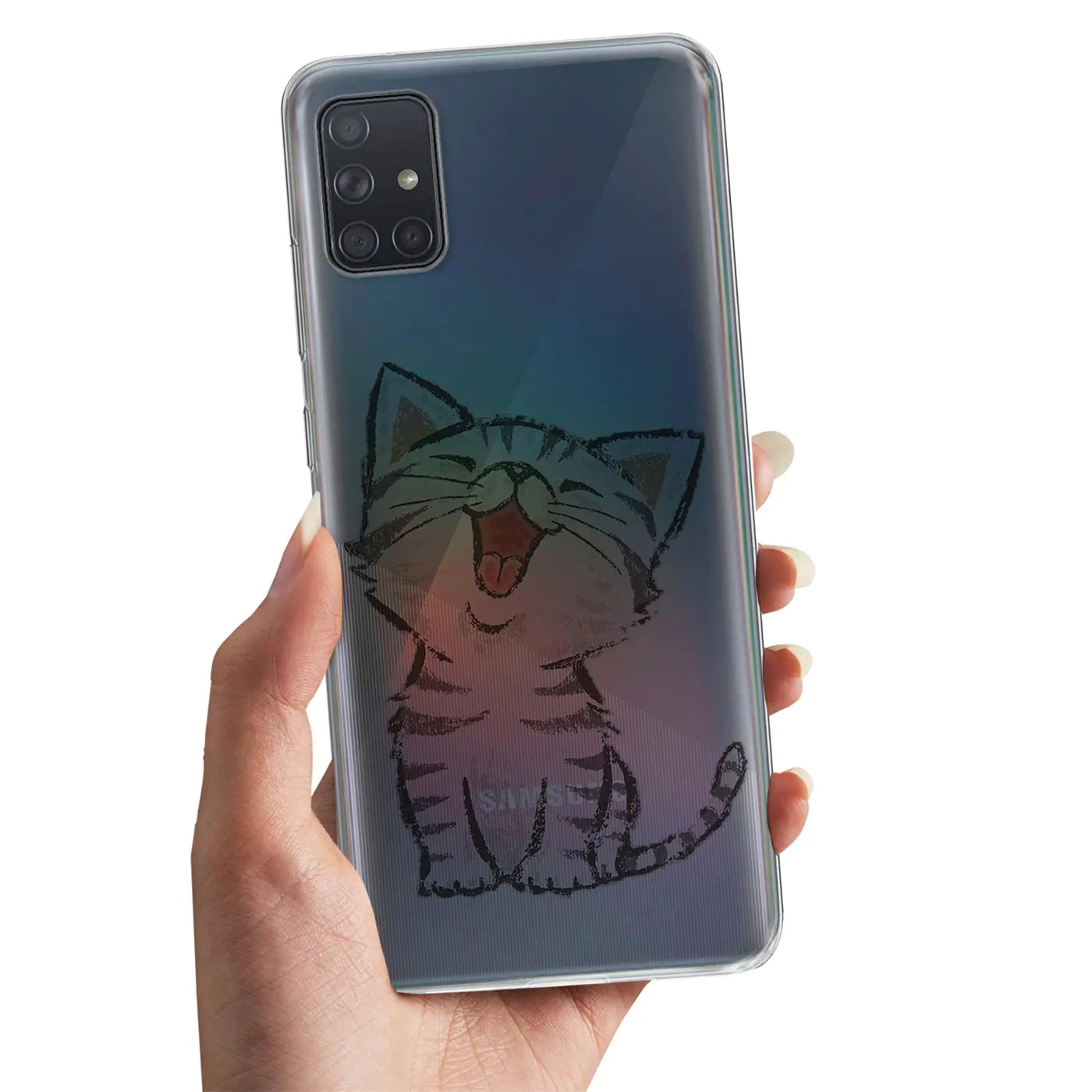 Samsung Galaxy A41 TPU Hülle, transparent, mit Katzenmotiv, von vorne gehalten