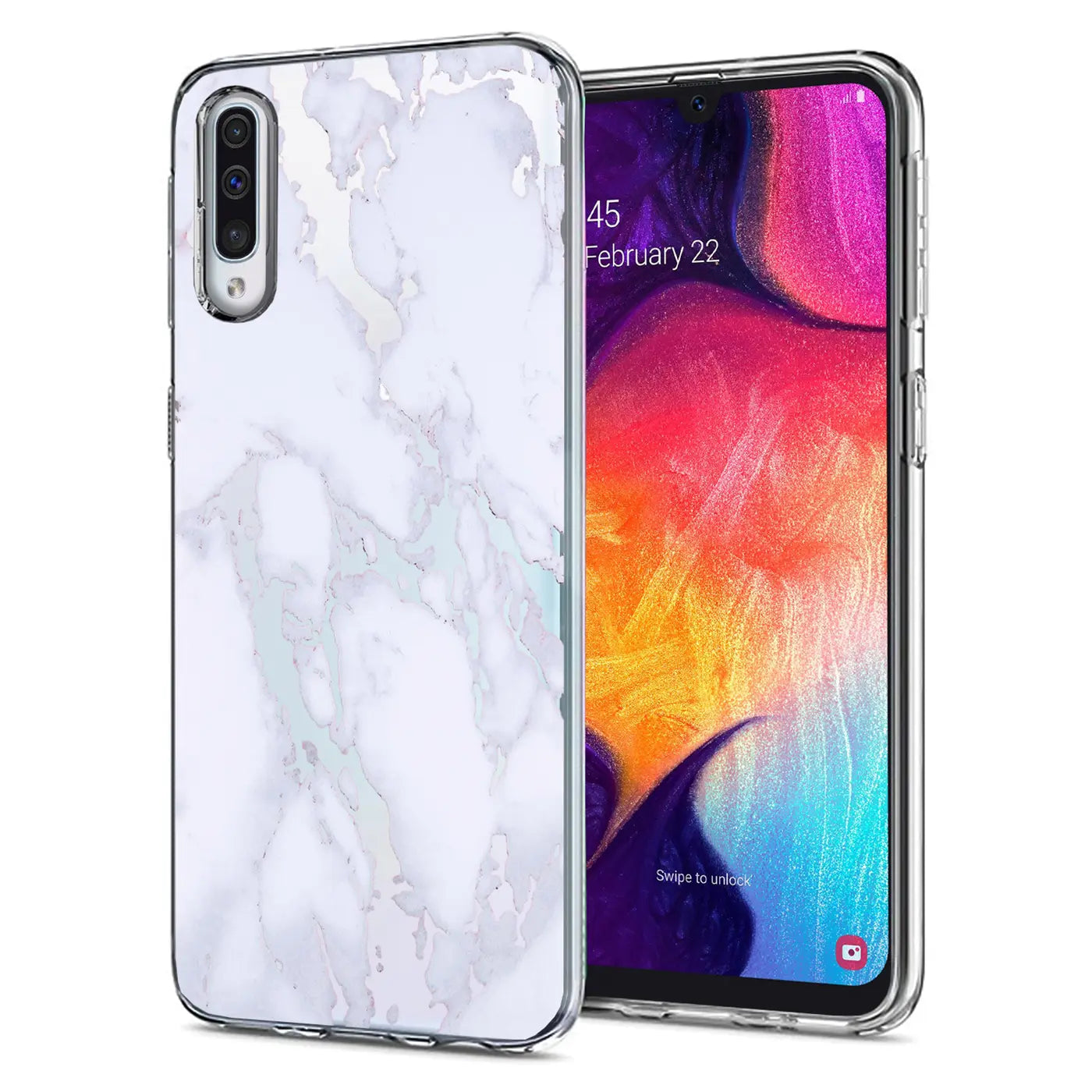 Weiße Marmor-TPU-Hülle für Samsung Galaxy A50/A30s, Vorder- und Rückansicht.