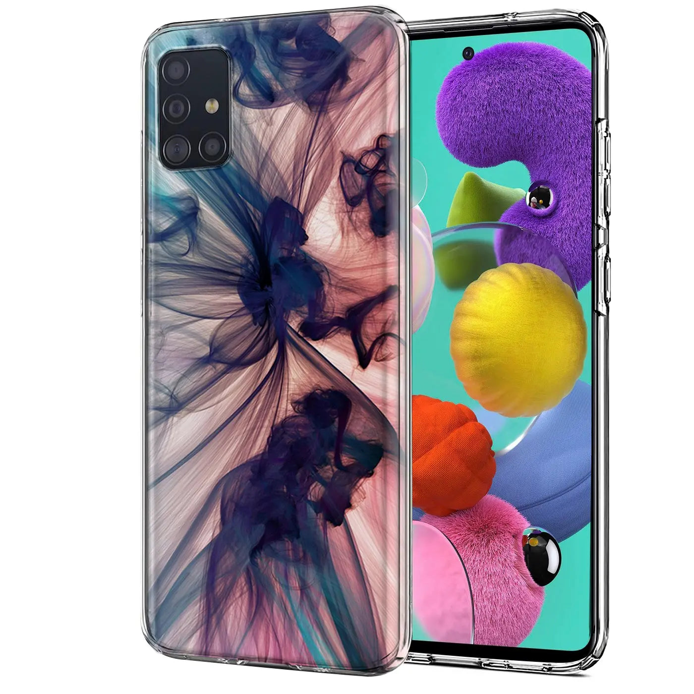 Samsung Galaxy A51 Hülle aus TPU mit blau-violetter Rauch-Optik, von vorne