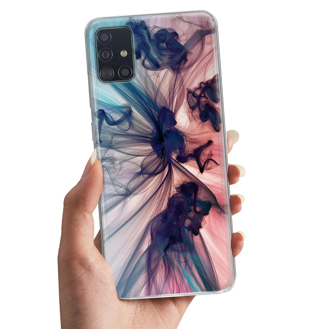 Samsung A51 TPU Hülle, blau/pink, Motivdruck, von vorne, in Hand