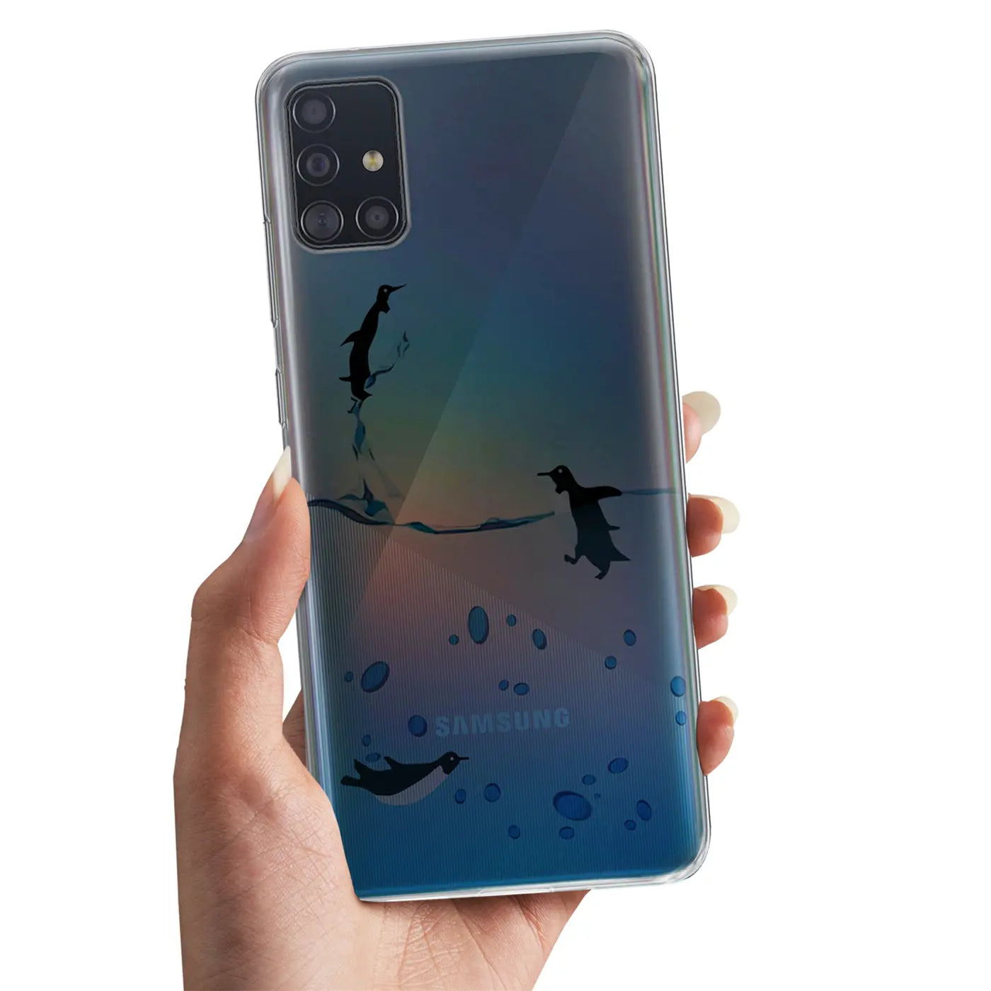 Samsung Galaxy A51 Hülle, transparentes TPU, Pinguin-Motiv, von vorne gehalten
