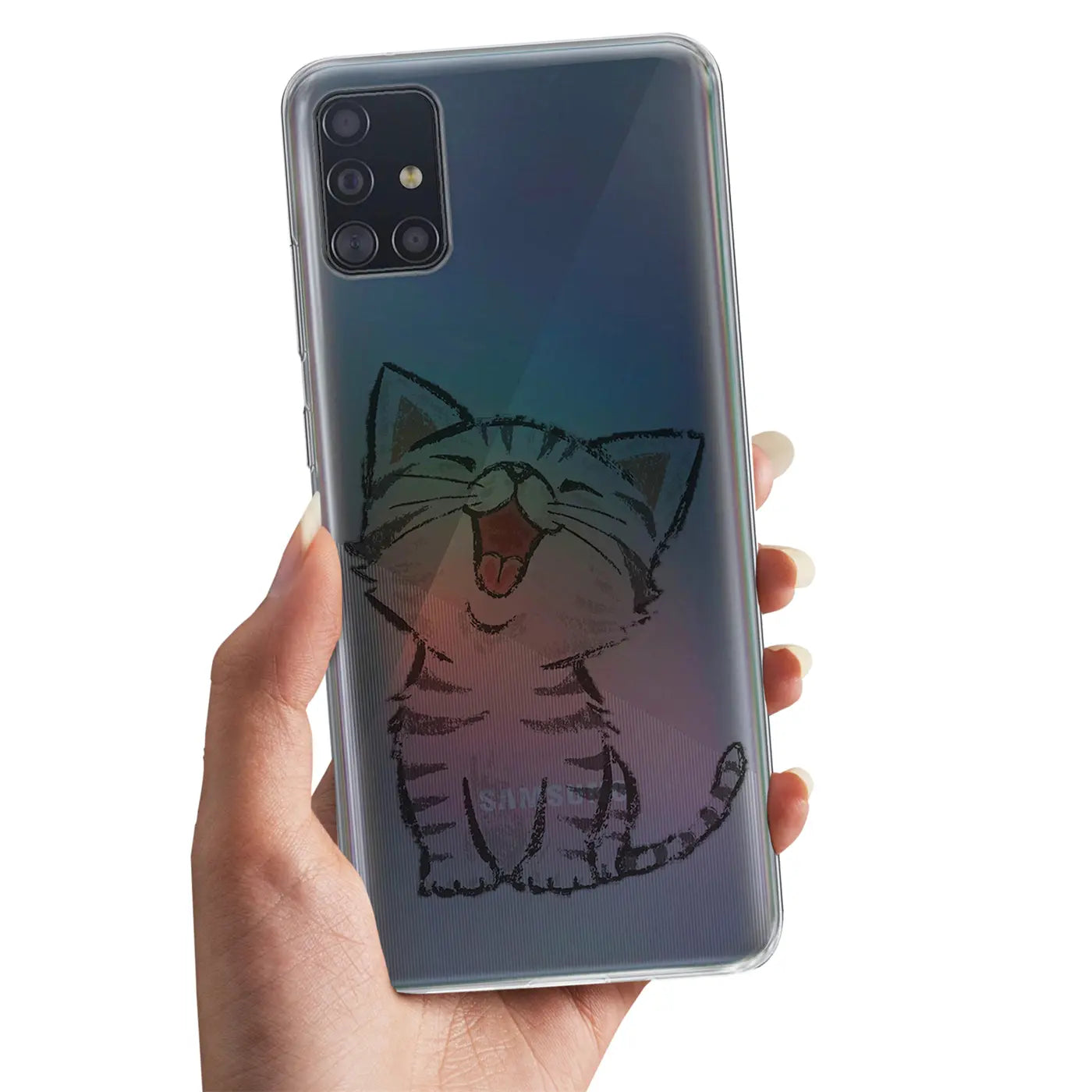 Samsung Galaxy A51 Hülle aus TPU mit Katzenmotiv, von vorne gesehen.