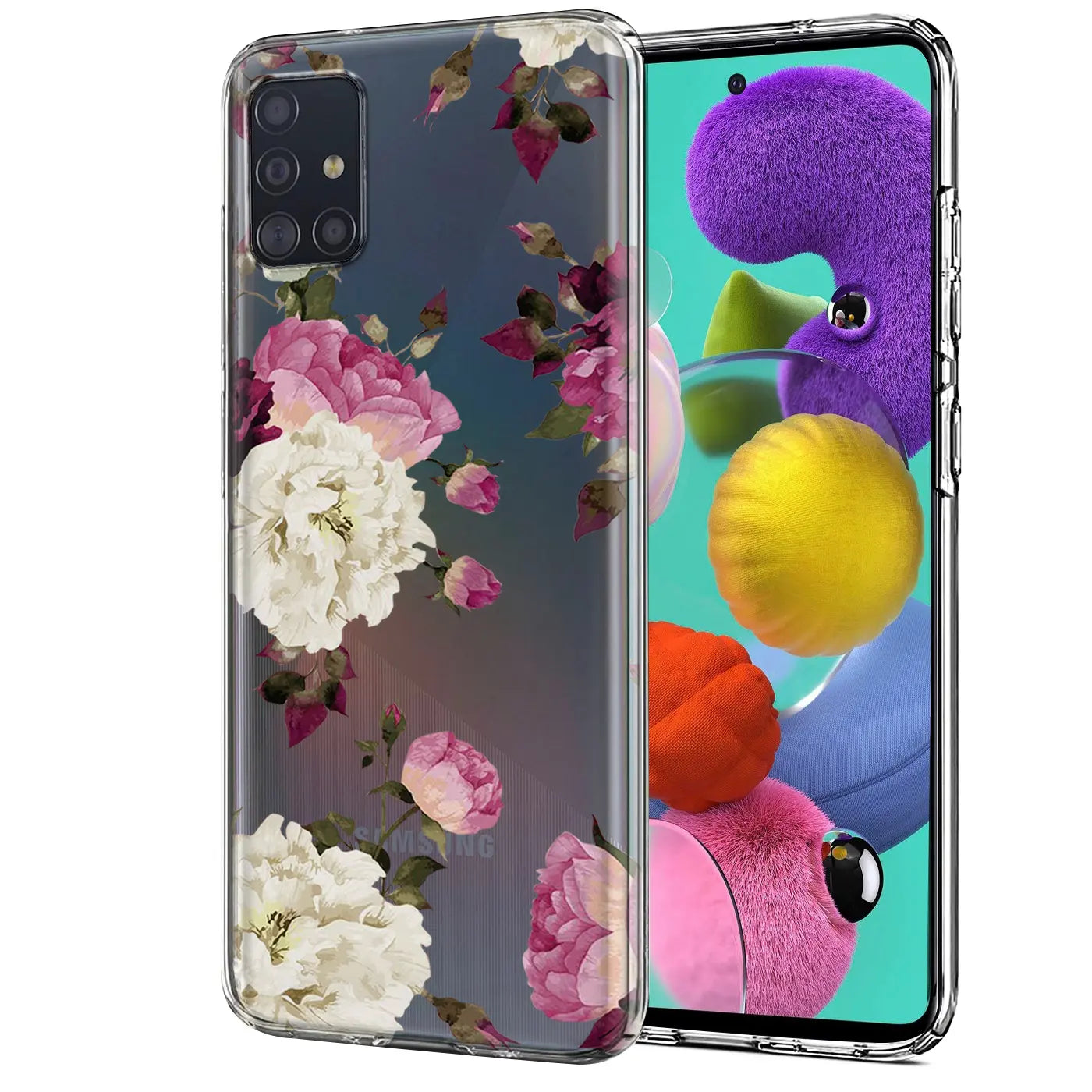Samsung A51 TPU Hülle mit Blumenmotiv, von vorne/seitlich, transparent