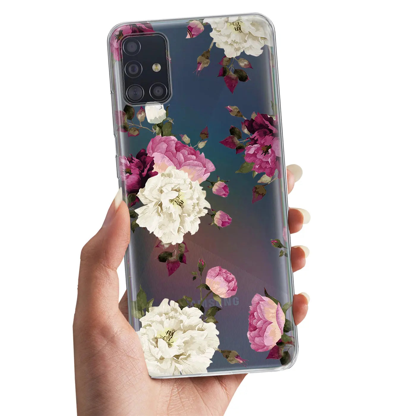 Samsung Galaxy A51 Hülle, transparentes TPU, Blumenmuster, von vorne gezeigt
