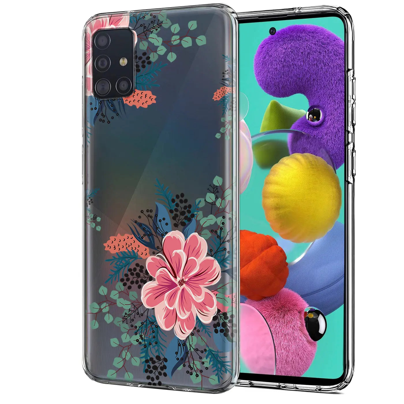 Samsung Galaxy A51 mit floraler TPU-Hülle, Vorder- und Rückansicht.