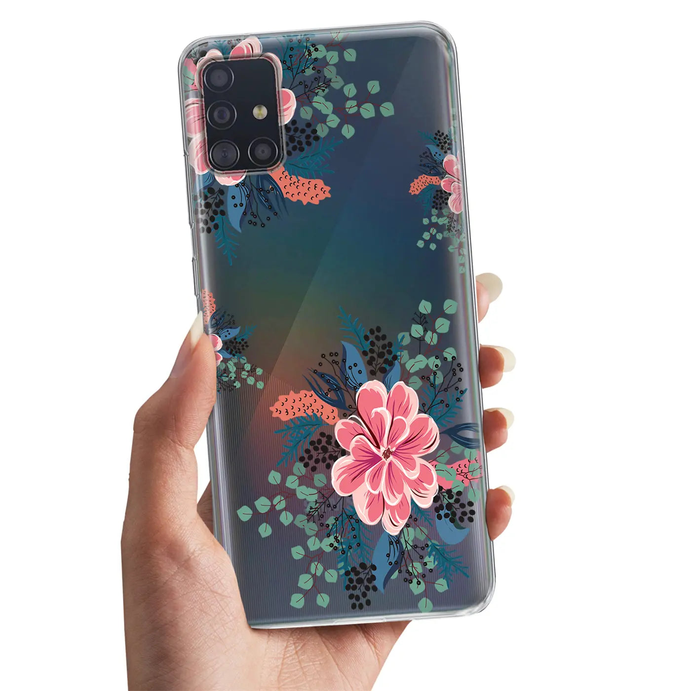 Samsung Galaxy A51 mit blauer TPU-Hülle, Blumenmuster, von vorne gehalten