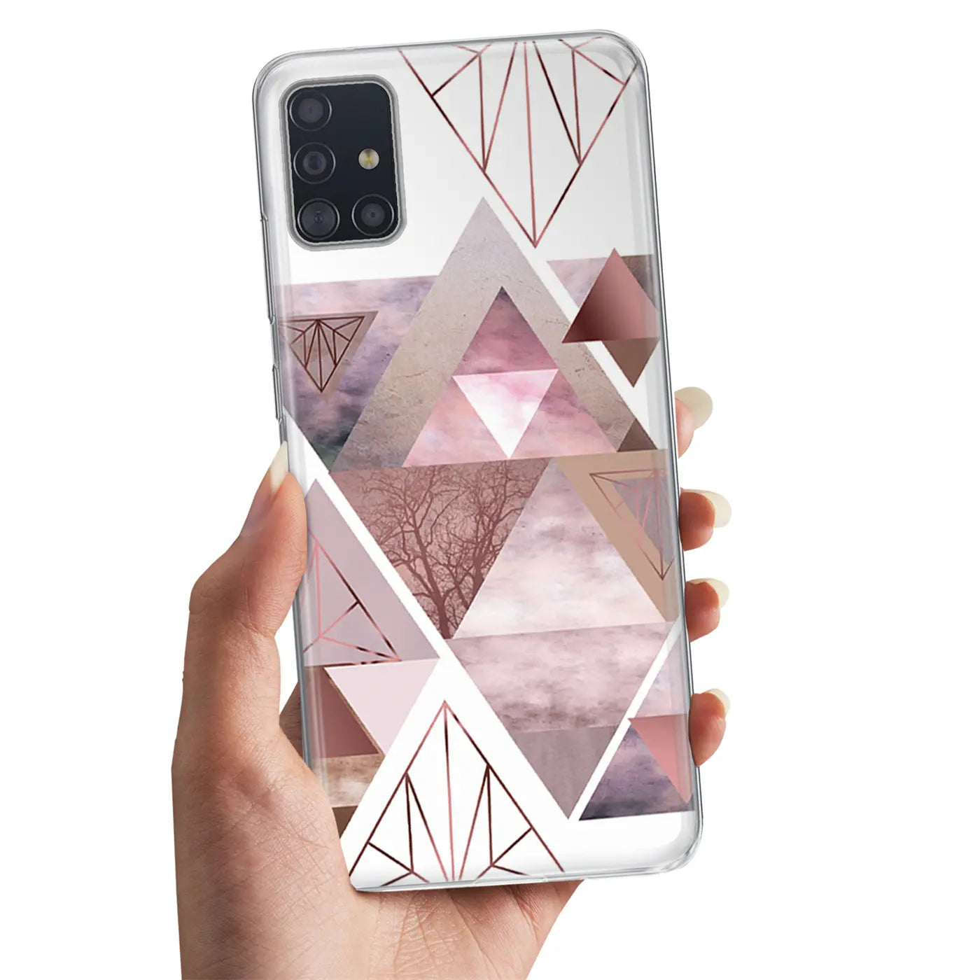 Samsung A51 Hülle aus TPU, rosa geometrisches Muster, von vorne gehalten
