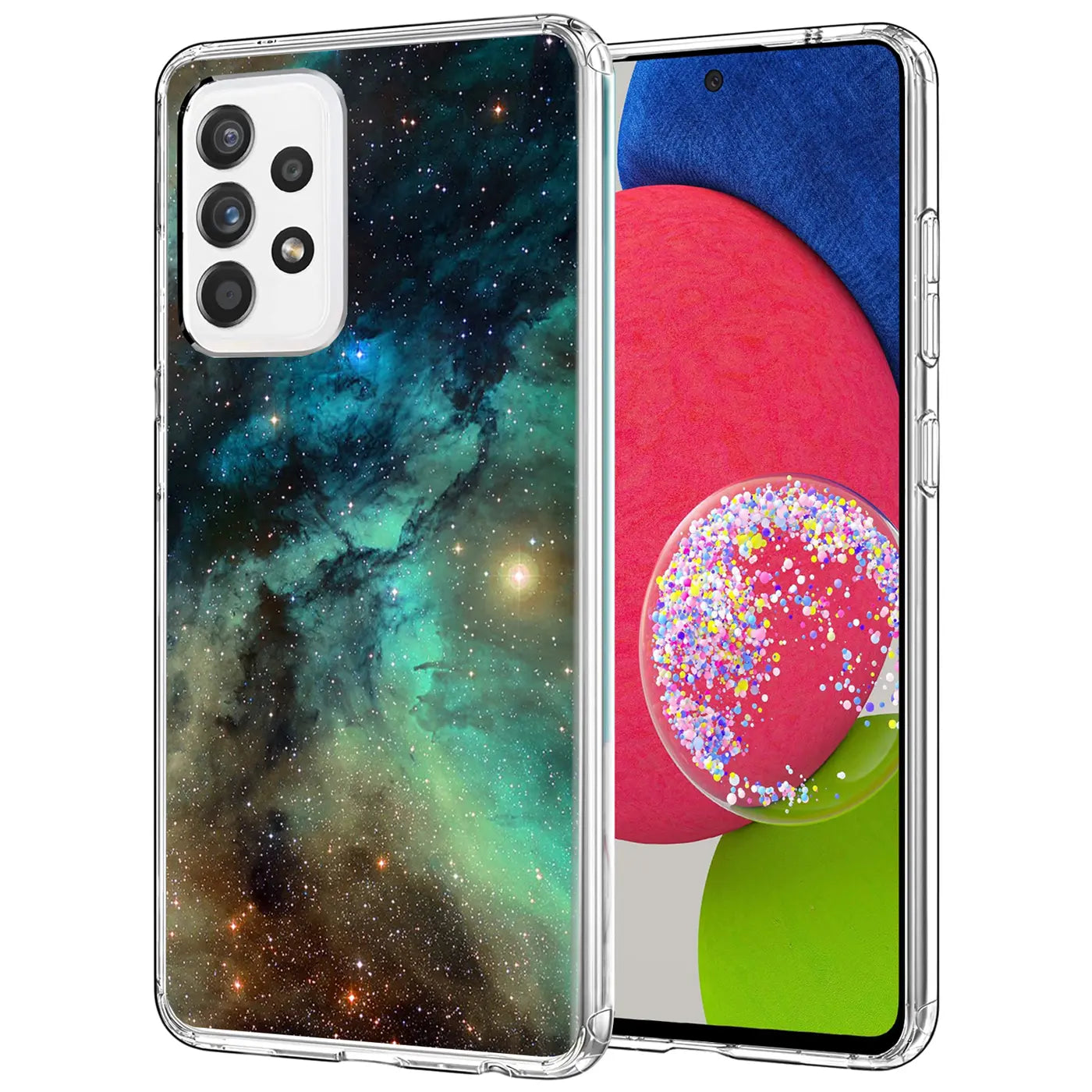 Transparente TPU-Hülle mit Weltraum-Motiv für Samsung Galaxy A52/A52s 5G, Vorder- und Rückansicht.