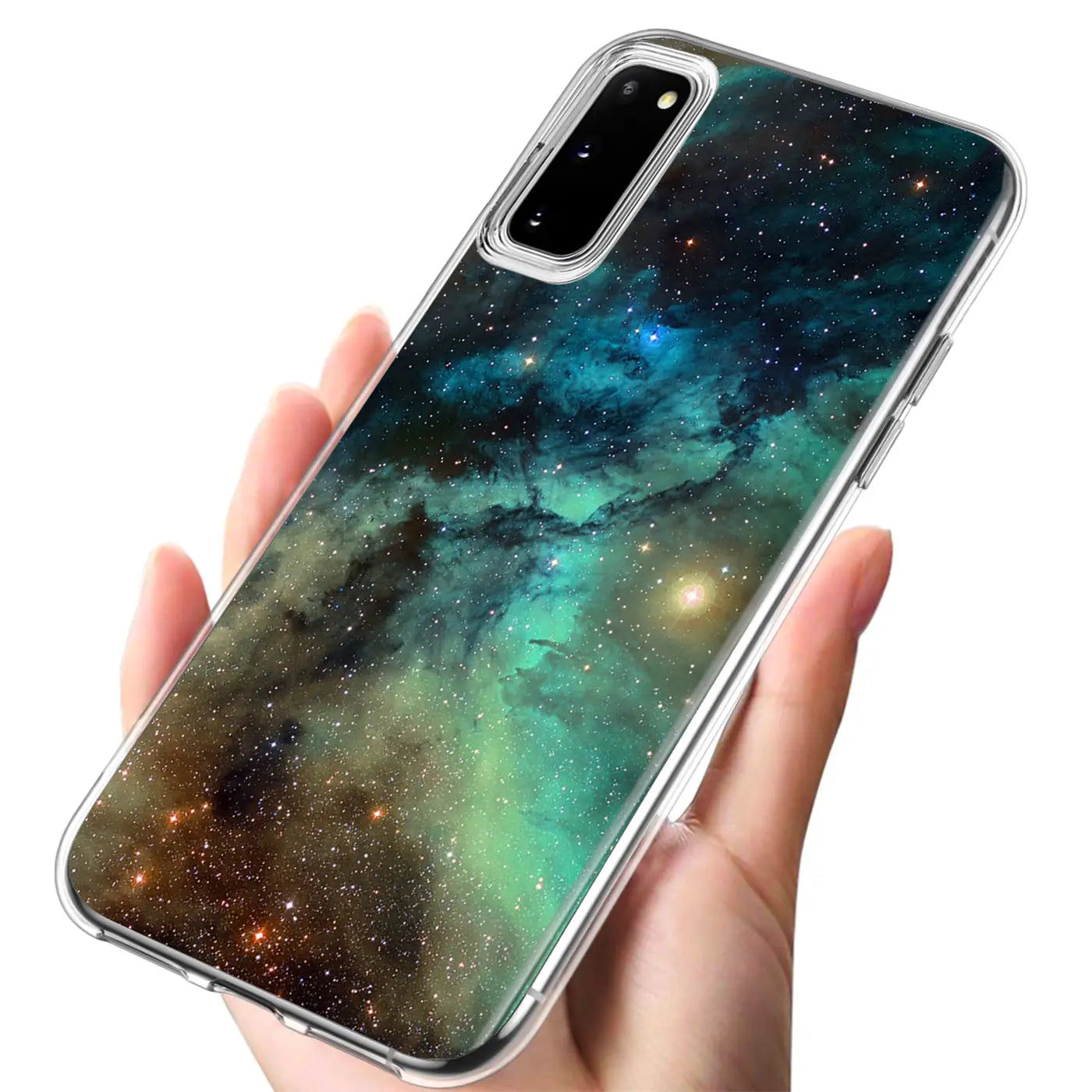 Transparente TPU-Hülle mit Weltraum-Motiv auf Samsung Galaxy A52, von schräg oben gezeigt.