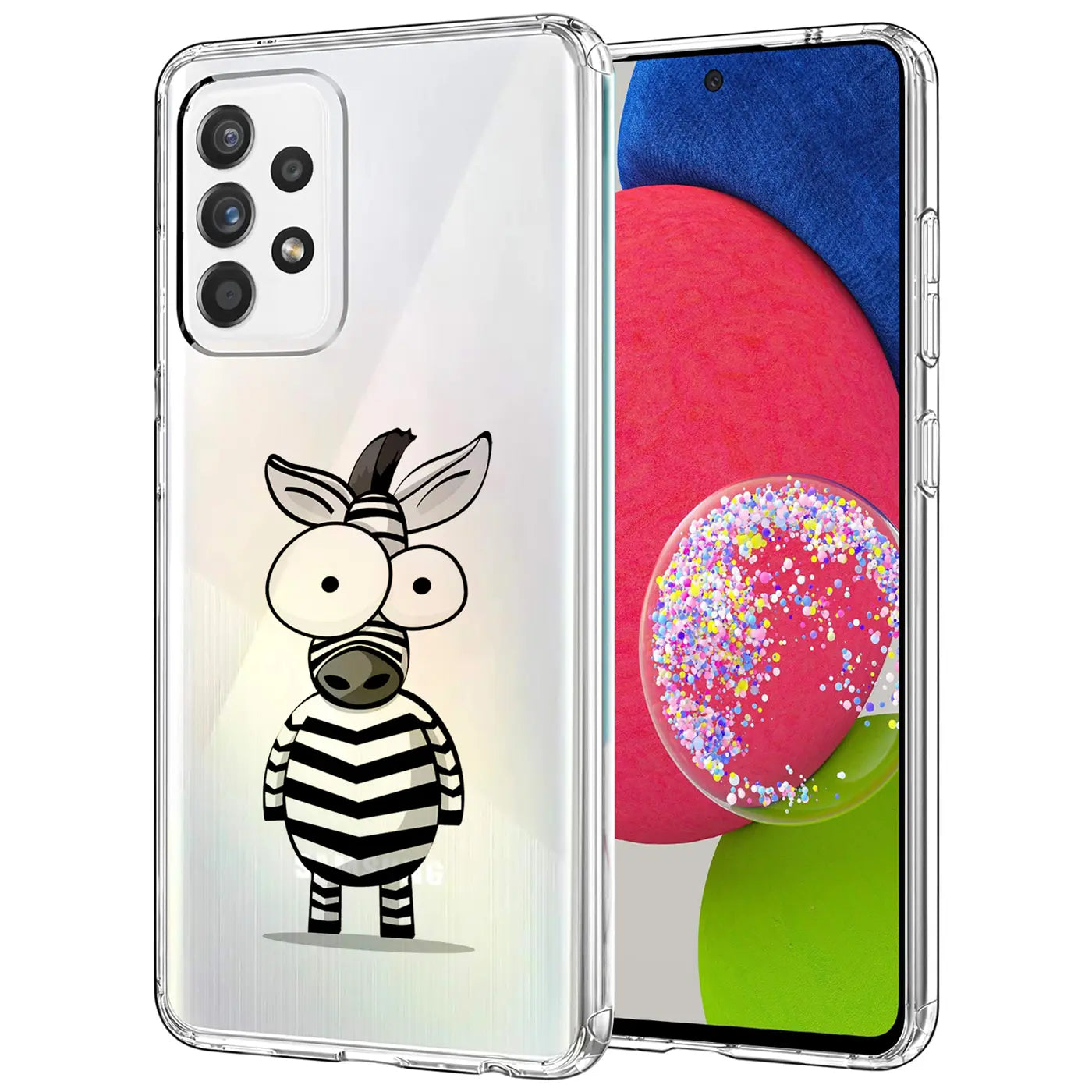 Klar TPU Hülle mit Zebra-Motiv auf Samsung A52. Von vorne, leicht schräg.