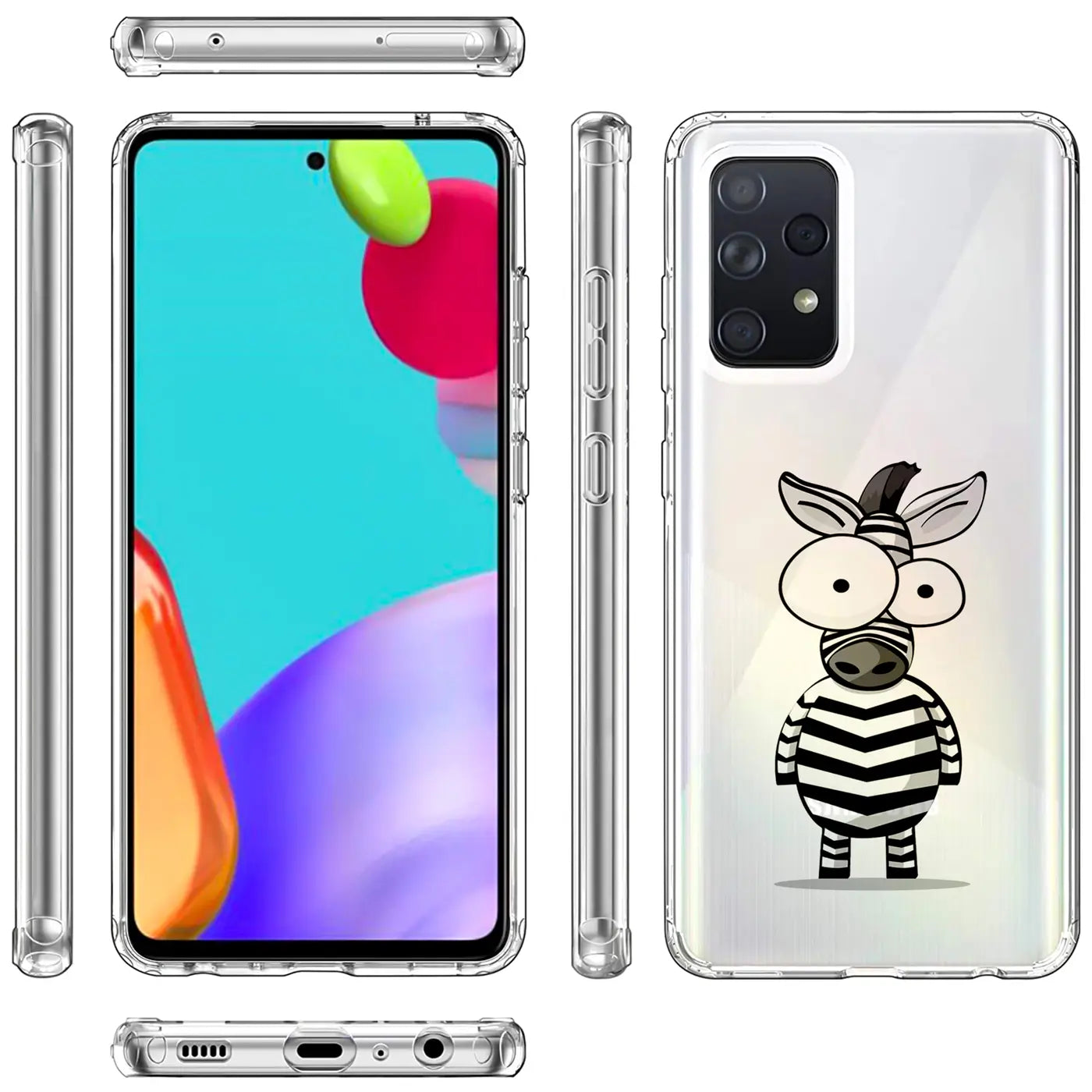 Transparente TPU-Hülle mit Zebradesign für Samsung Galaxy A52/A52s 5G, Vorder-, Seiten- und Rückansicht.