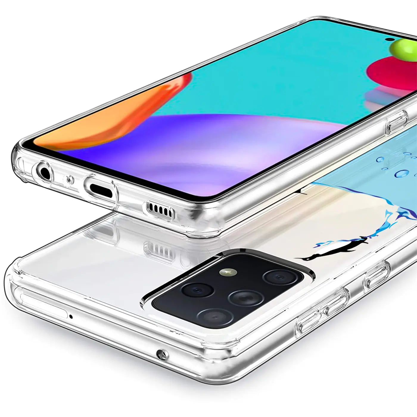 Transparente TPU-Hülle mit Delfinmotiv auf Samsung Galaxy A52 5G, Seitenansicht.
