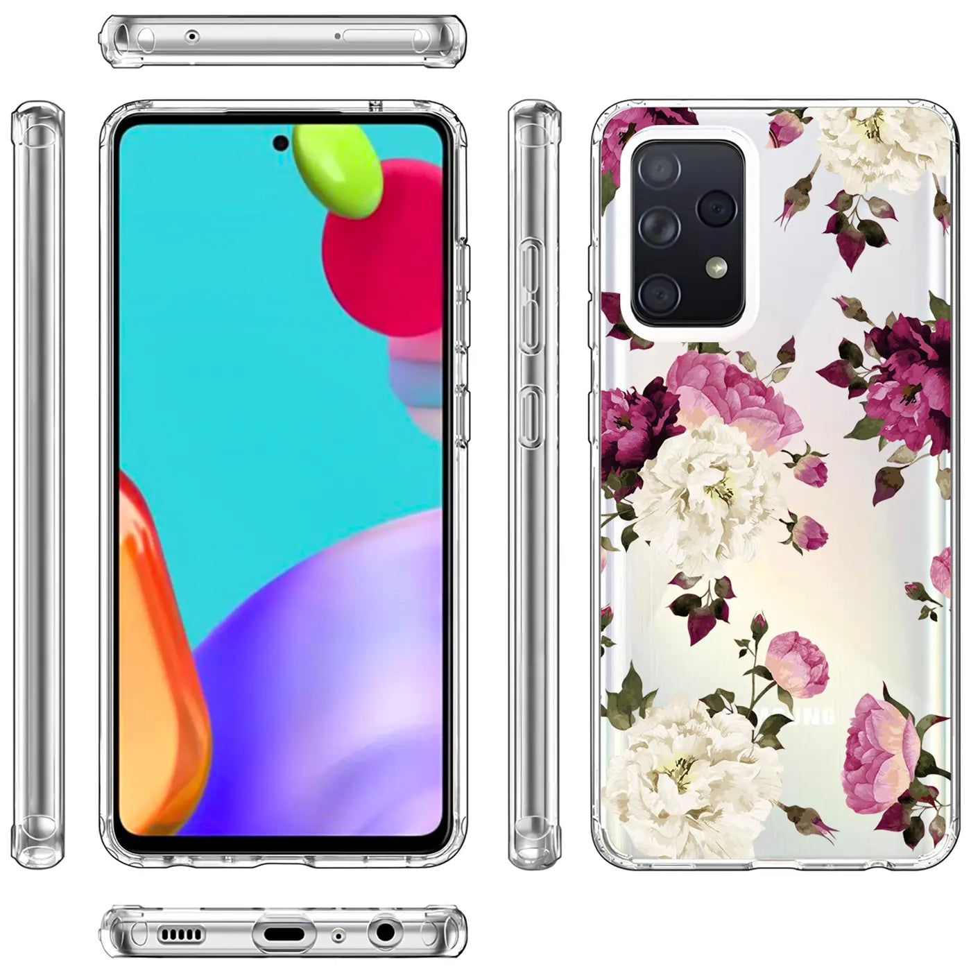 Samsung A52 Hülle, transparentes TPU, Blumenmuster, Vorder-, Seiten- und Rückansicht