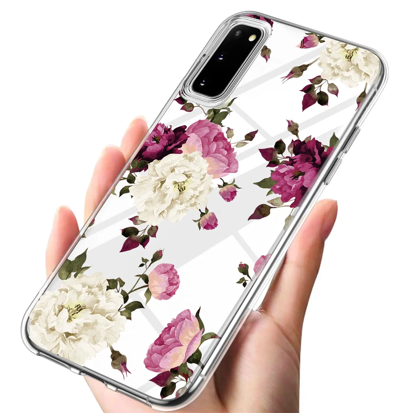 Transparente TPU-Hülle mit Blumenmuster, gehalten in der Hand, zeigt ein Smartphone.