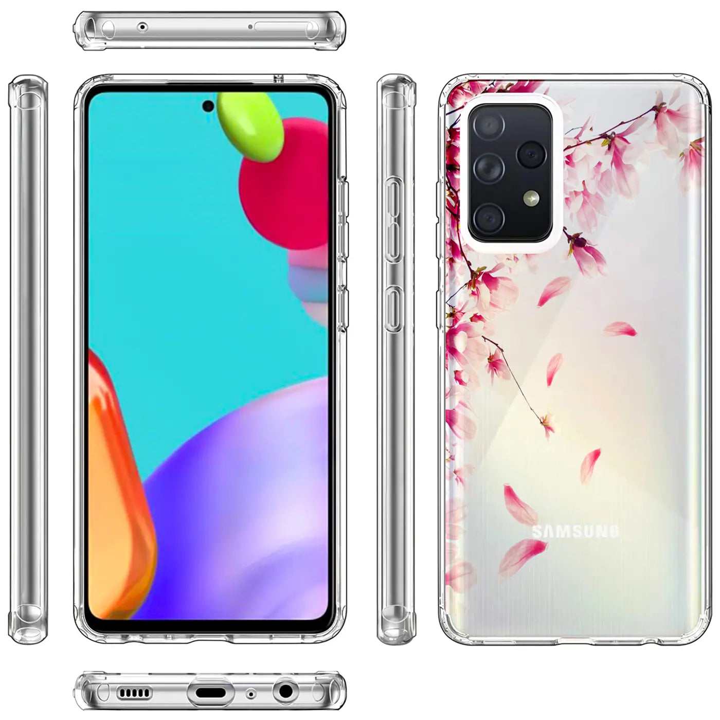 Transparente TPU-Hülle mit Kirschblüten-Motiv für Samsung Galaxy A52, Rückansicht.