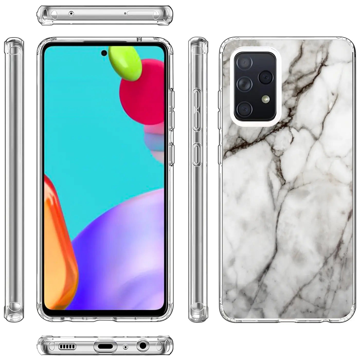 Samsung A52 Hülle, Marmormuster, TPU, verschiedene Ansichten, Vorder- und Rückseite