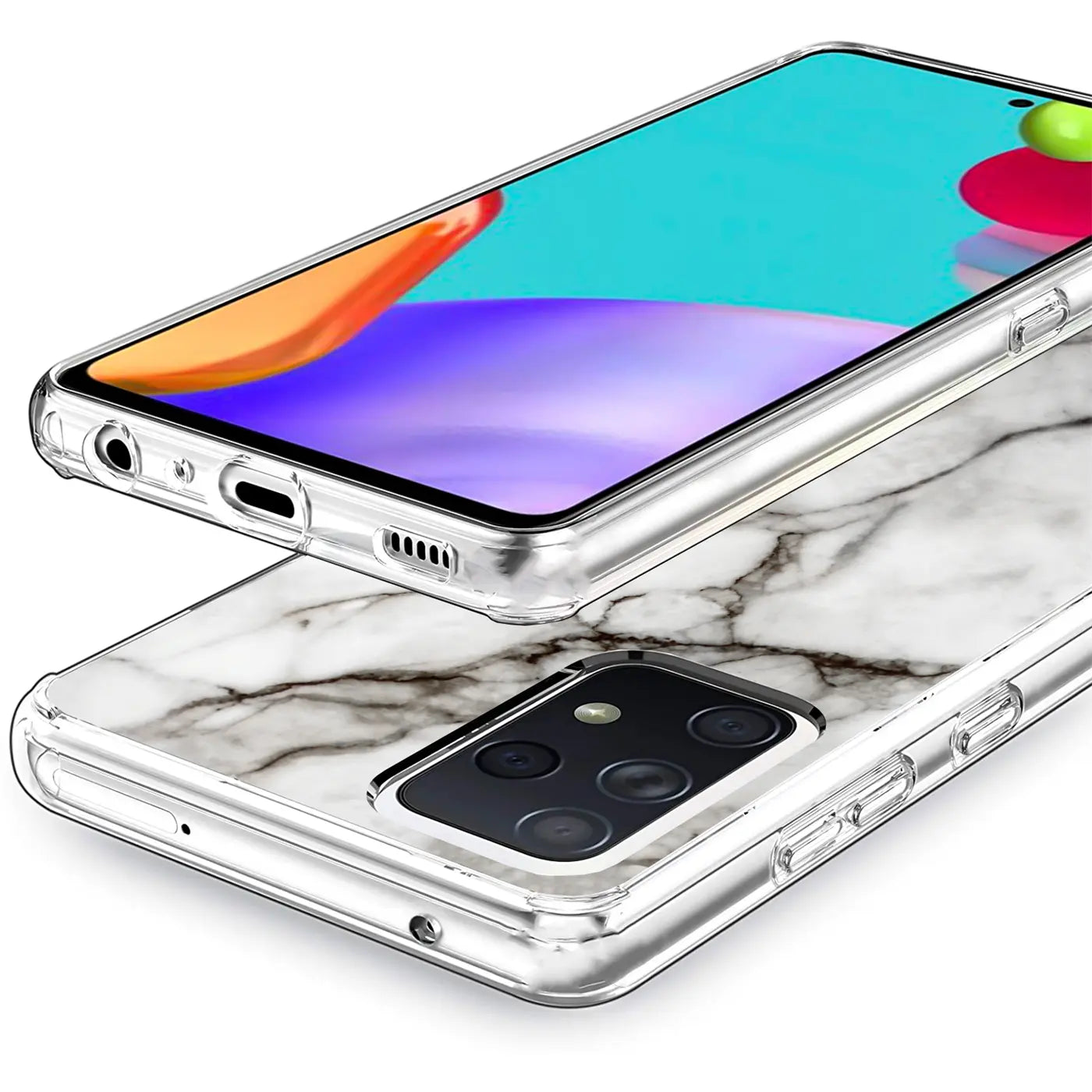 Samsung Galaxy A52 mit Marmor-TPU-Hülle, von oben schräg fotografiert.