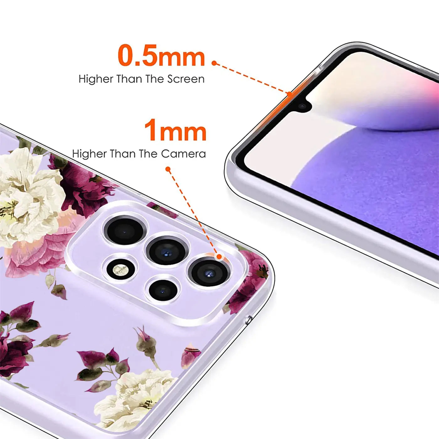 Lila TPU Hülle mit Blumenmuster, Nahaufnahme der Kamera und des Displays eines Samsung Galaxy A53 5G.