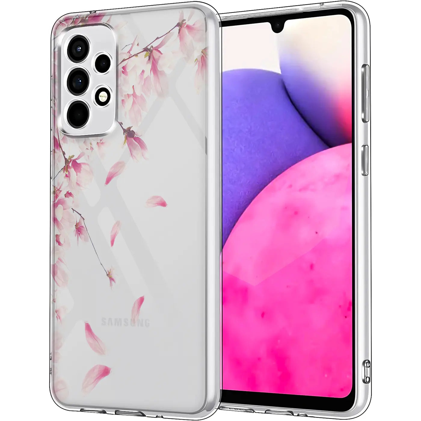 Transparente TPU-Hülle mit rosa Blütenmotiv auf Samsung Galaxy A53 5G, von vorne