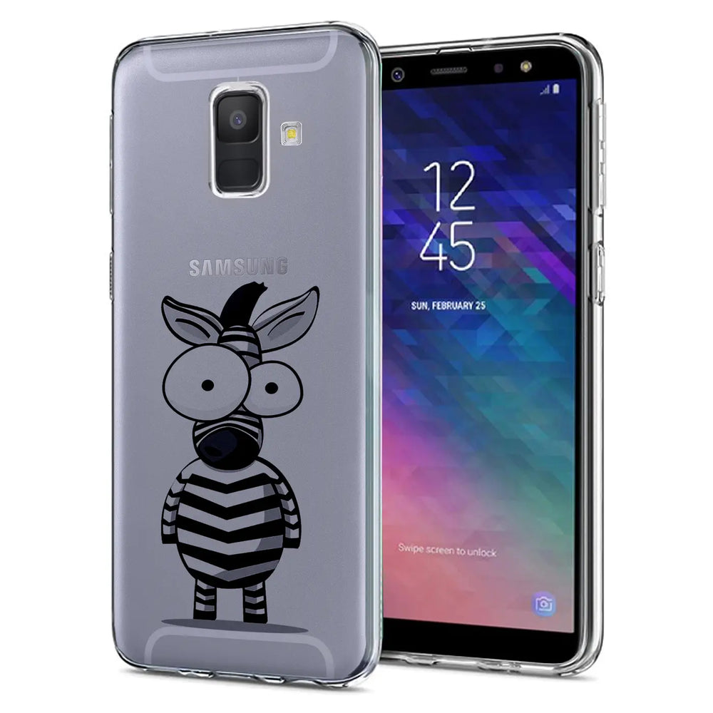 Transparente TPU-Hülle mit Zebradesign auf Samsung Galaxy J6 2018, von vorne/leicht schräg