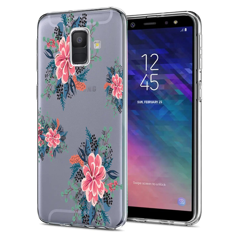 Transparente TPU-Hülle mit Blumenmuster für Samsung Galaxy J6 2018, von vorne und leicht schräg