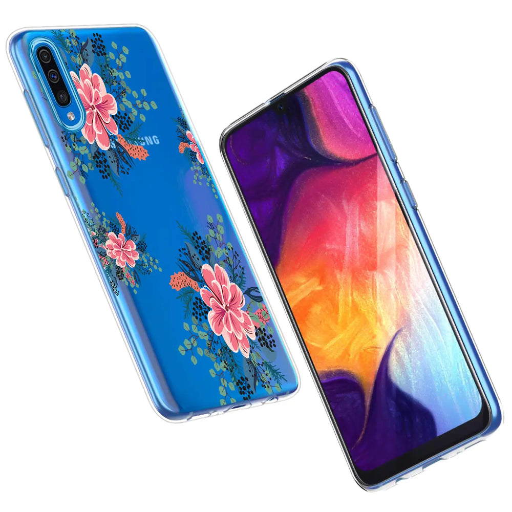 Blaue TPU-Hülle mit Blumenmuster, Vorder- und Rückansicht, Samsung Galaxy J6 2018.