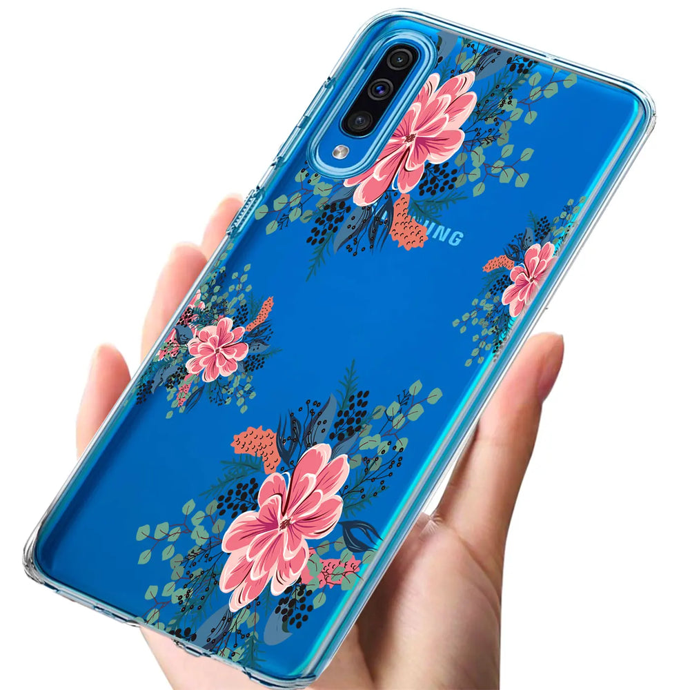 Blaues TPU-Case mit Blumenmuster, von oben rechts gezeigt, auf Samsung Galaxy J6 2018.