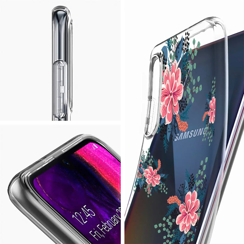 Transparente TPU-Hülle mit Blumenmuster für Samsung Galaxy J6 2018, Seitenansicht und Frontansicht.
