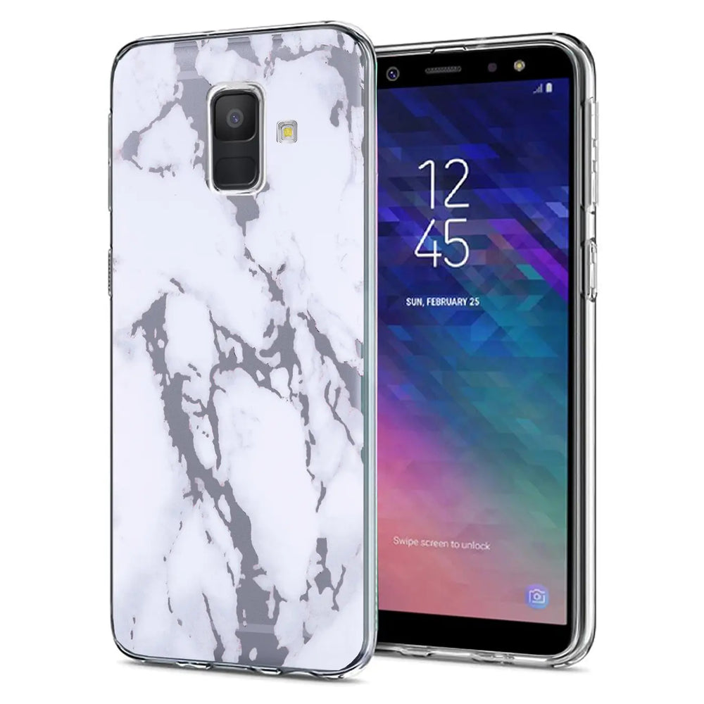 Weiße Marmor-TPU-Hülle mit grauem Muster, Samsung Galaxy J6 2018, von vorne links gesehen