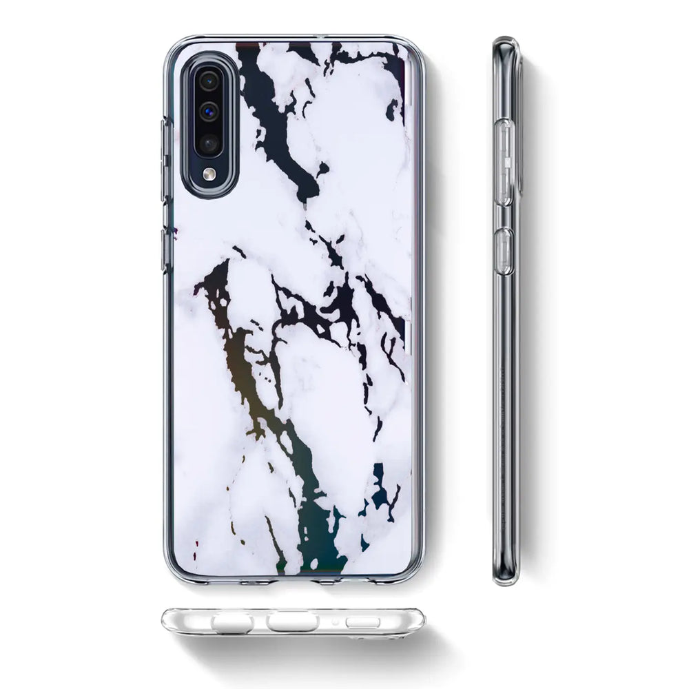 TPU Hülle mit Marmormuster für Samsung Galaxy J6 2018, von vorne und Seite gezeigt.