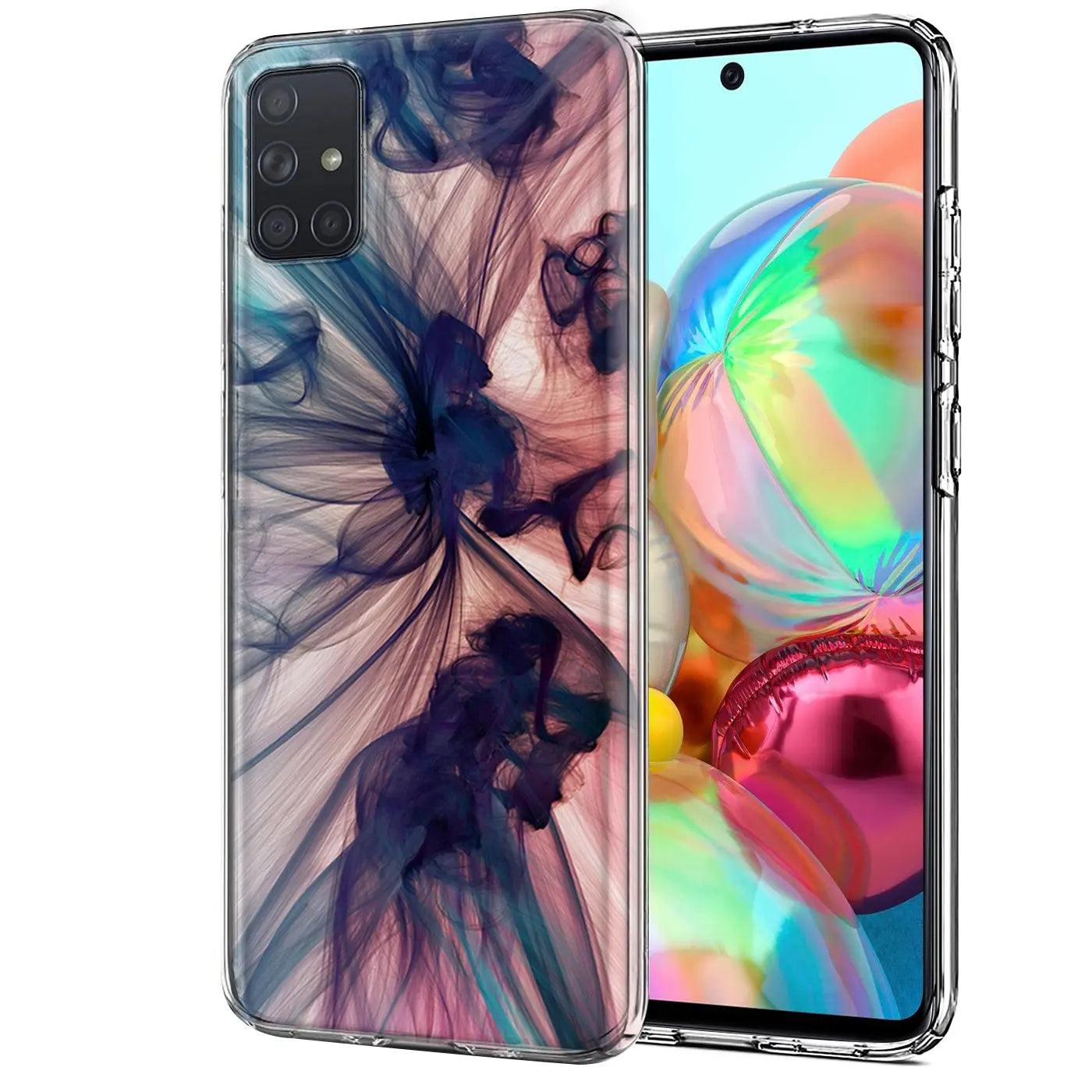 Samsung Galaxy A71 TPU Hülle, transparent, mit blau-pinkem Rauchmuster, Vorderansicht