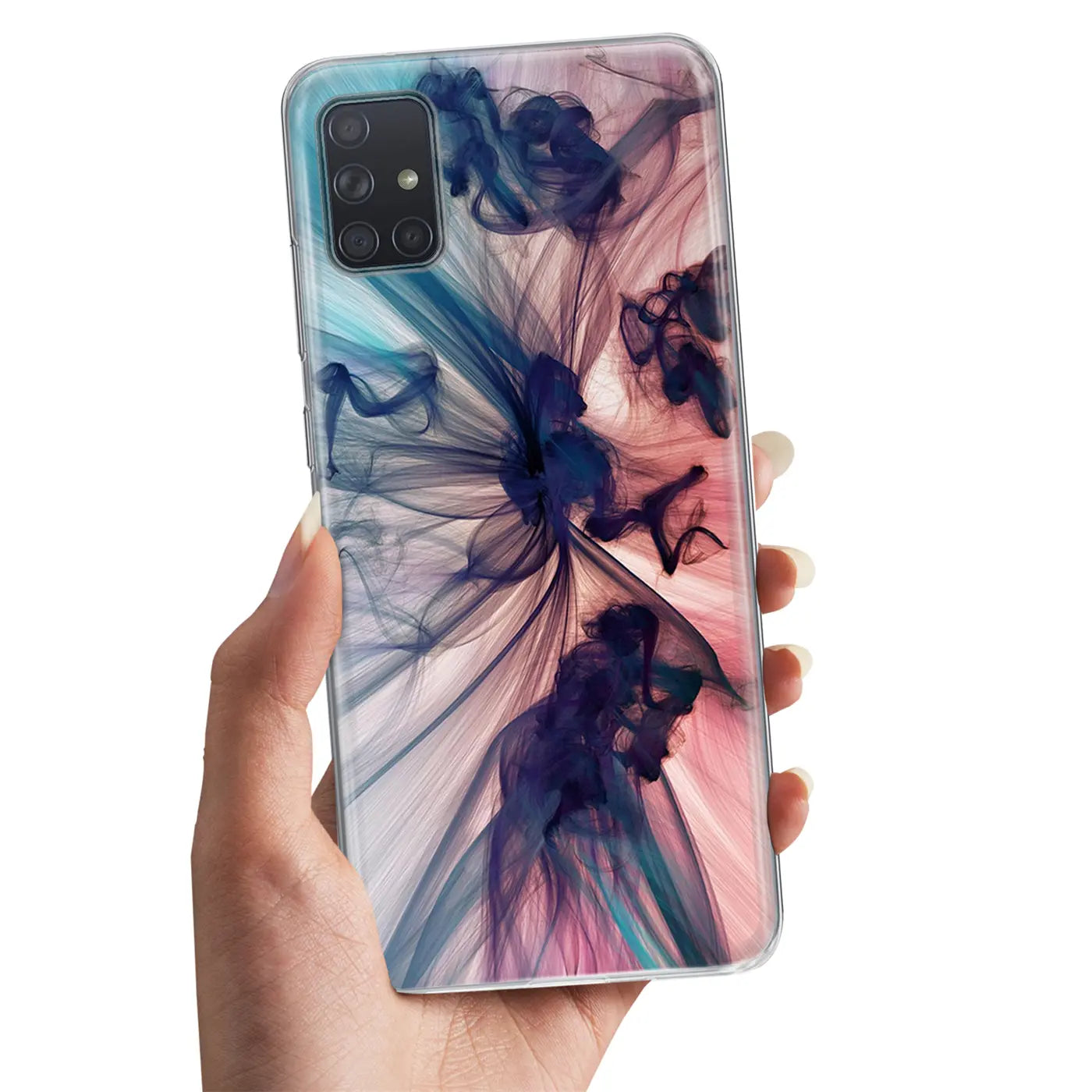 Samsung Galaxy A71 Hülle, TPU, Motivdruck, von vorne, in Hand gehalten