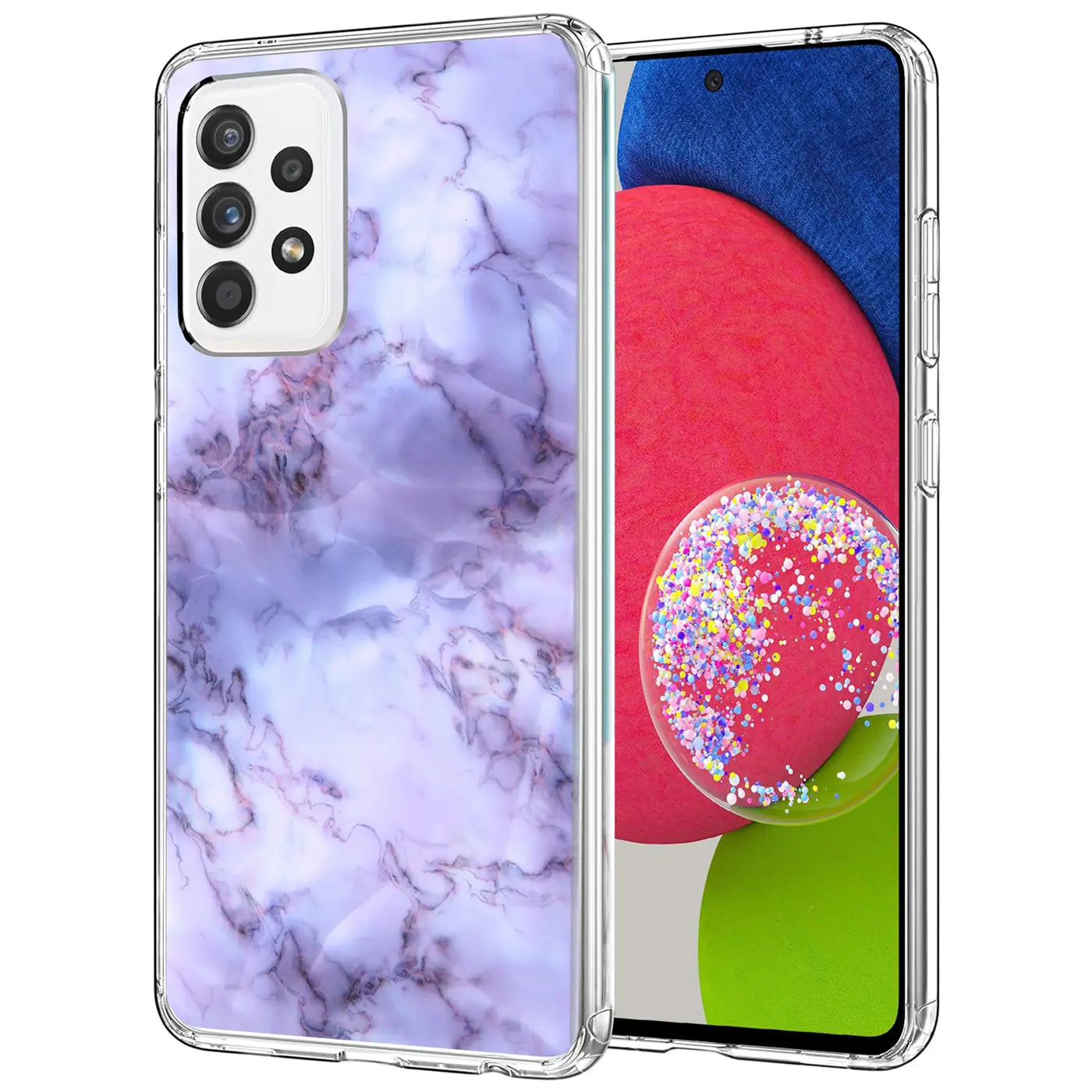 Lila Marmor TPU Hülle, vorne und hinten sichtbar, Samsung Galaxy A72.