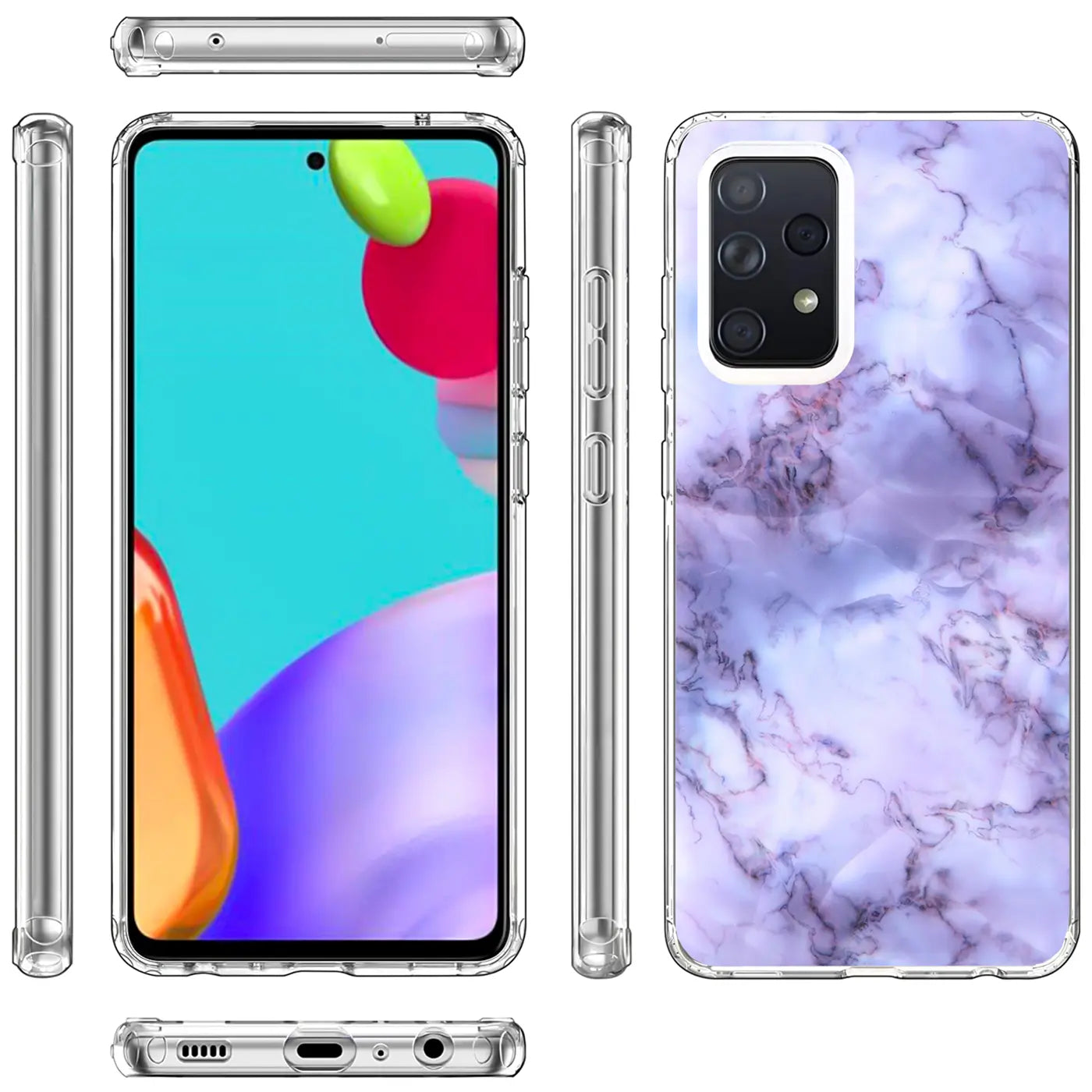 Samsung Galaxy A72 Hülle, lila Marmor-Muster, TPU, verschiedene Ansichten