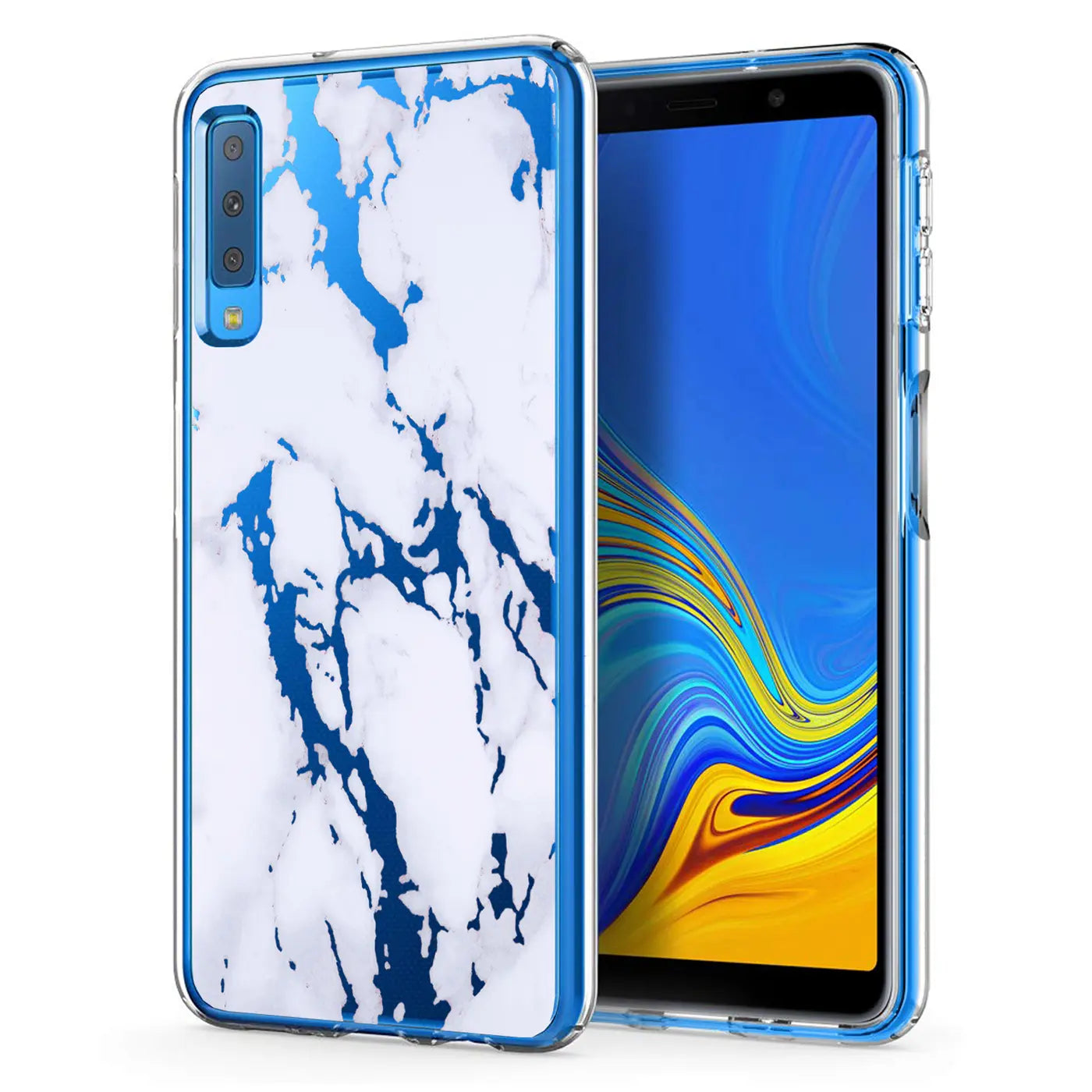 Samsung Galaxy A7 2018 Hülle, Marmormuster, blau/weiß, TPU, Frontansicht
