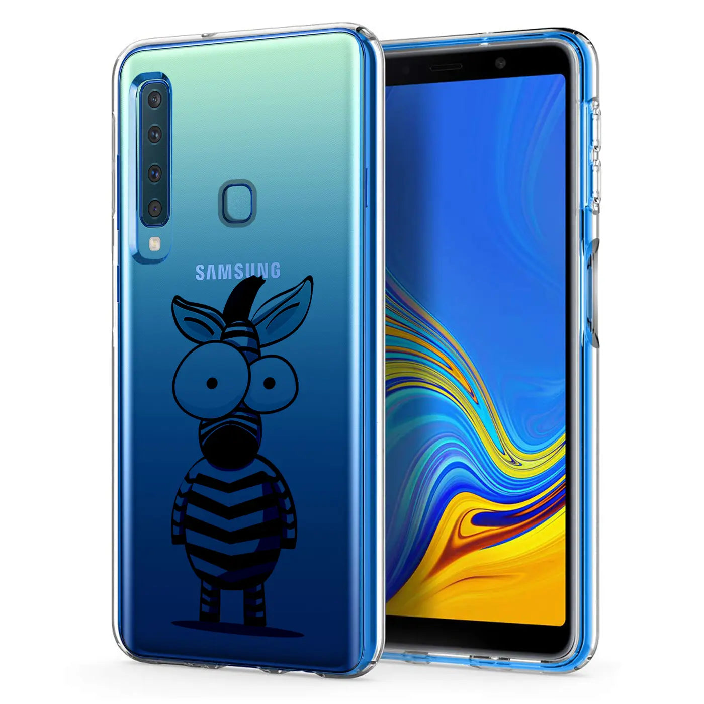 Samsung Galaxy A9 2018 Hülle, transparentes TPU, Motivdruck Zebra, von vorne links