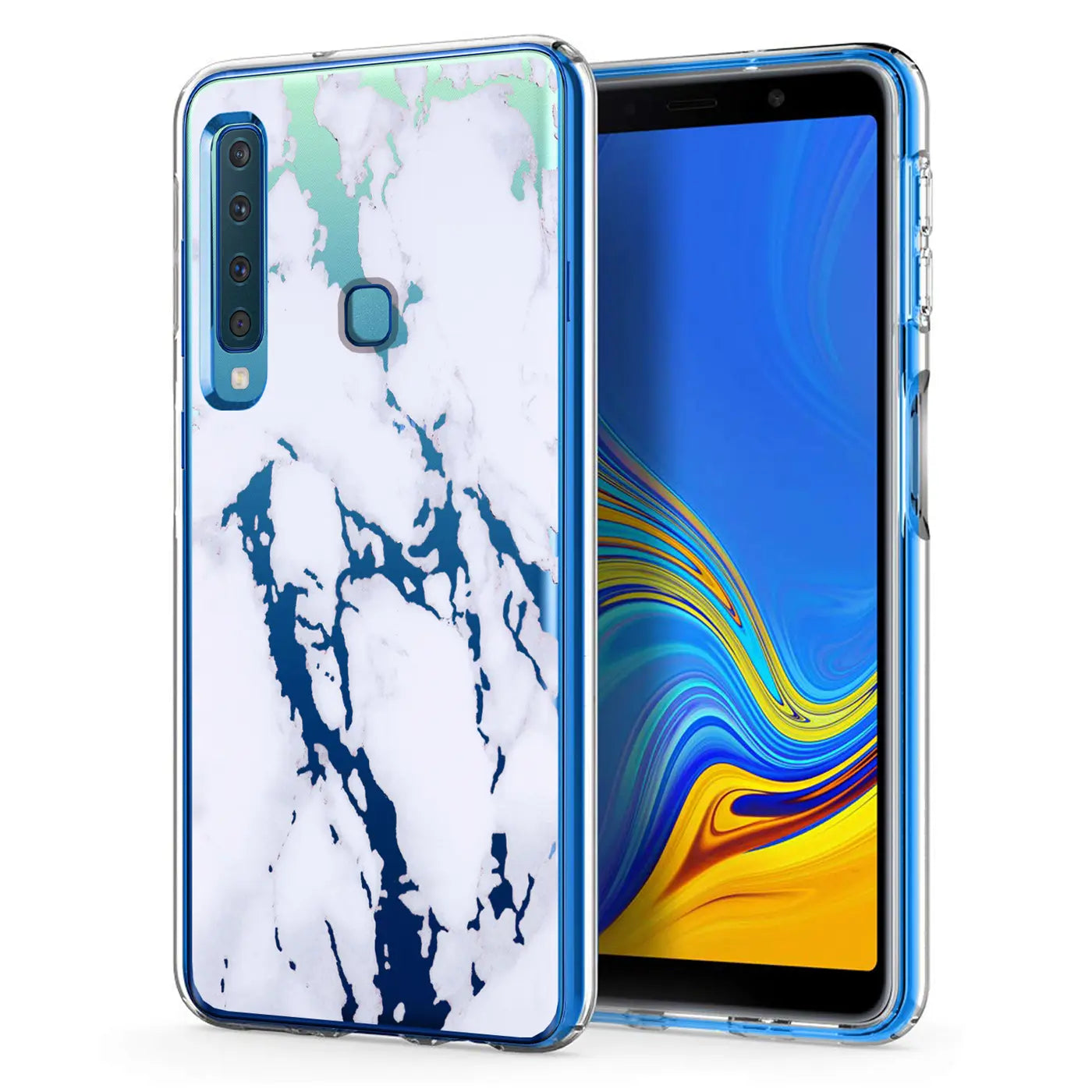 Samsung Galaxy A9 2018 Hülle, Marmormuster, TPU, blau/weiß, Vorderansicht
