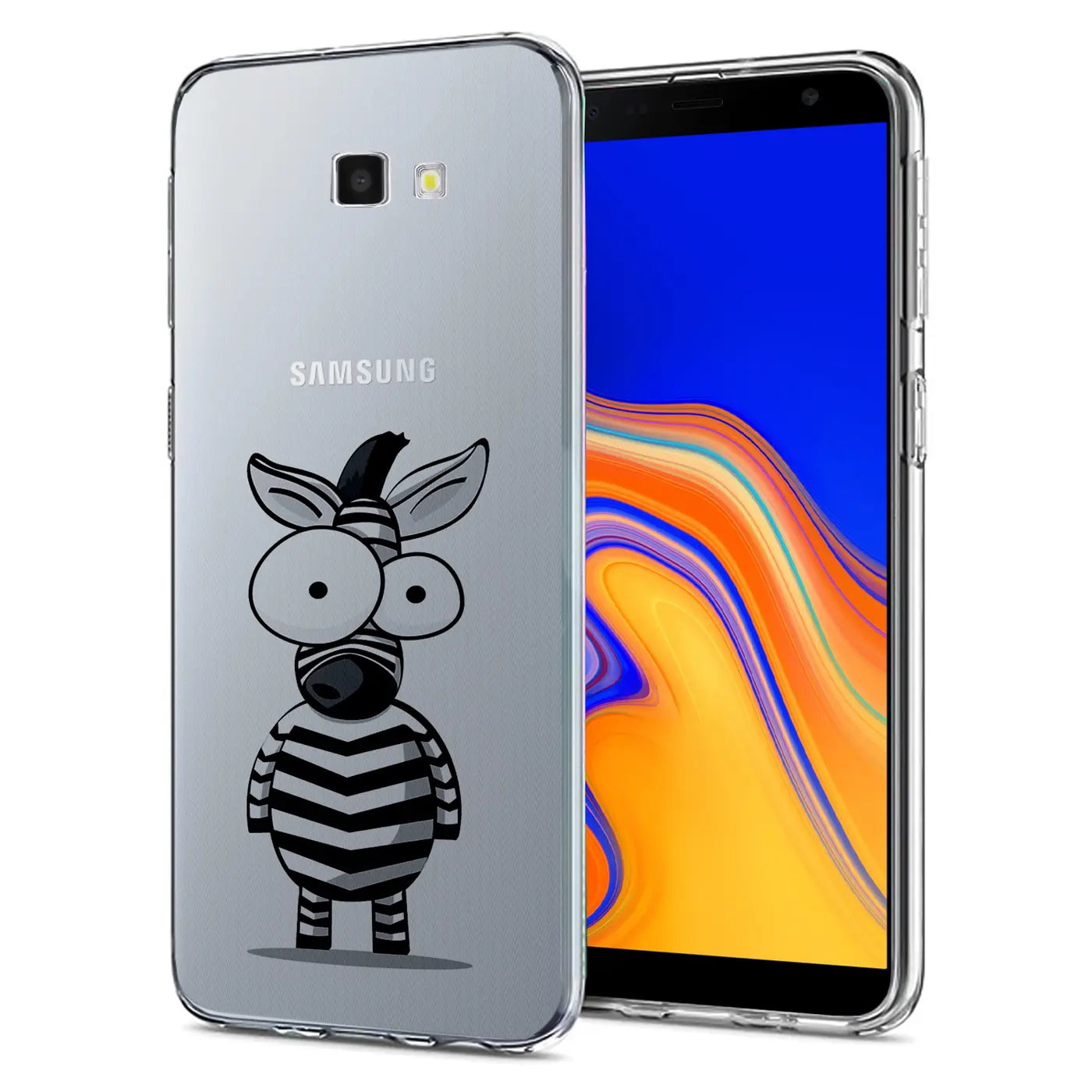 Samsung Galaxy J4 Plus Hülle, transparentes TPU, Motiv Zebra, Vorder- und Rückansicht
