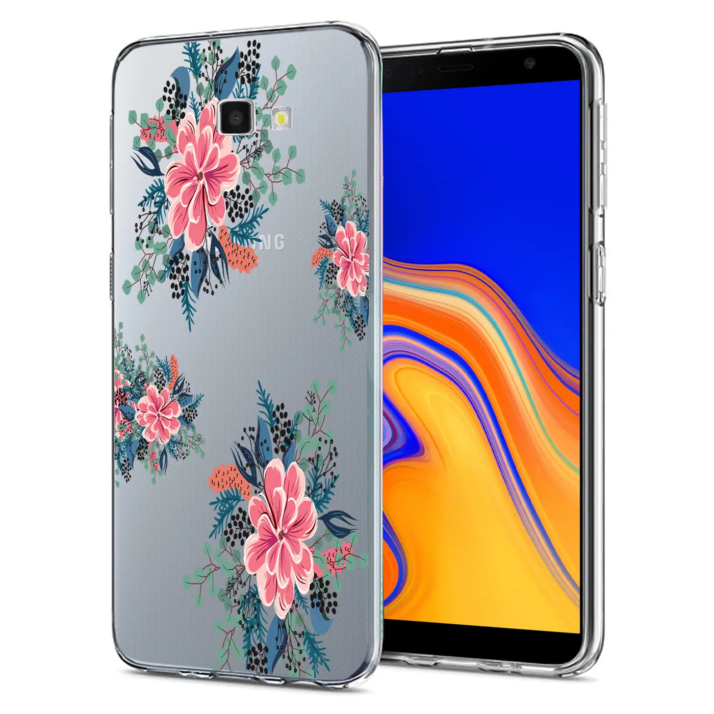 Transparente TPU-Hülle mit Blumenmuster, seitliche Ansicht, Samsung Galaxy J4 Plus